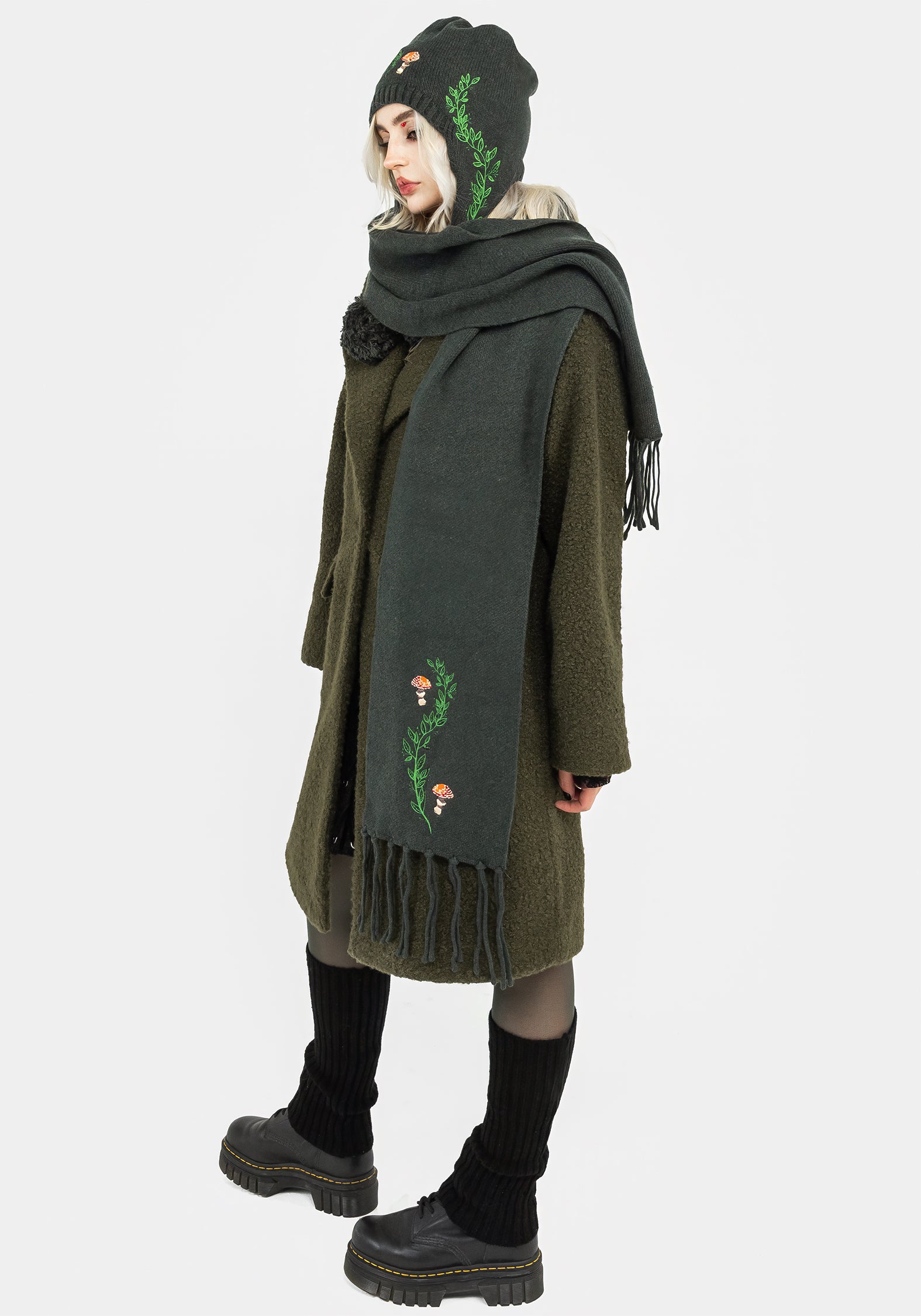 Green Mushroom Embroidered Knit Scarf - Soft & Stretchy | Fable
