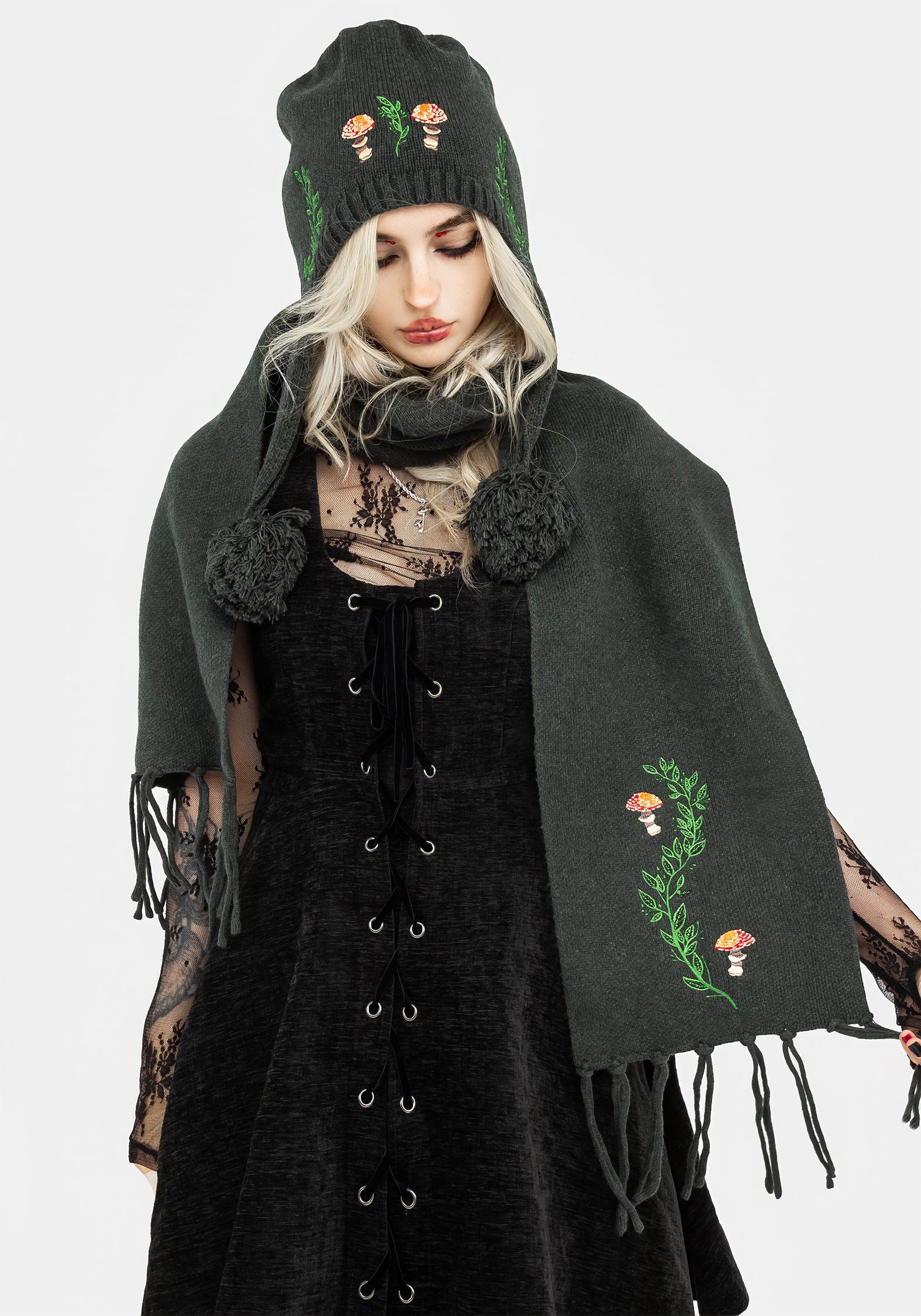 Green Mushroom Embroidered Knit Scarf - Soft & Stretchy | Fable