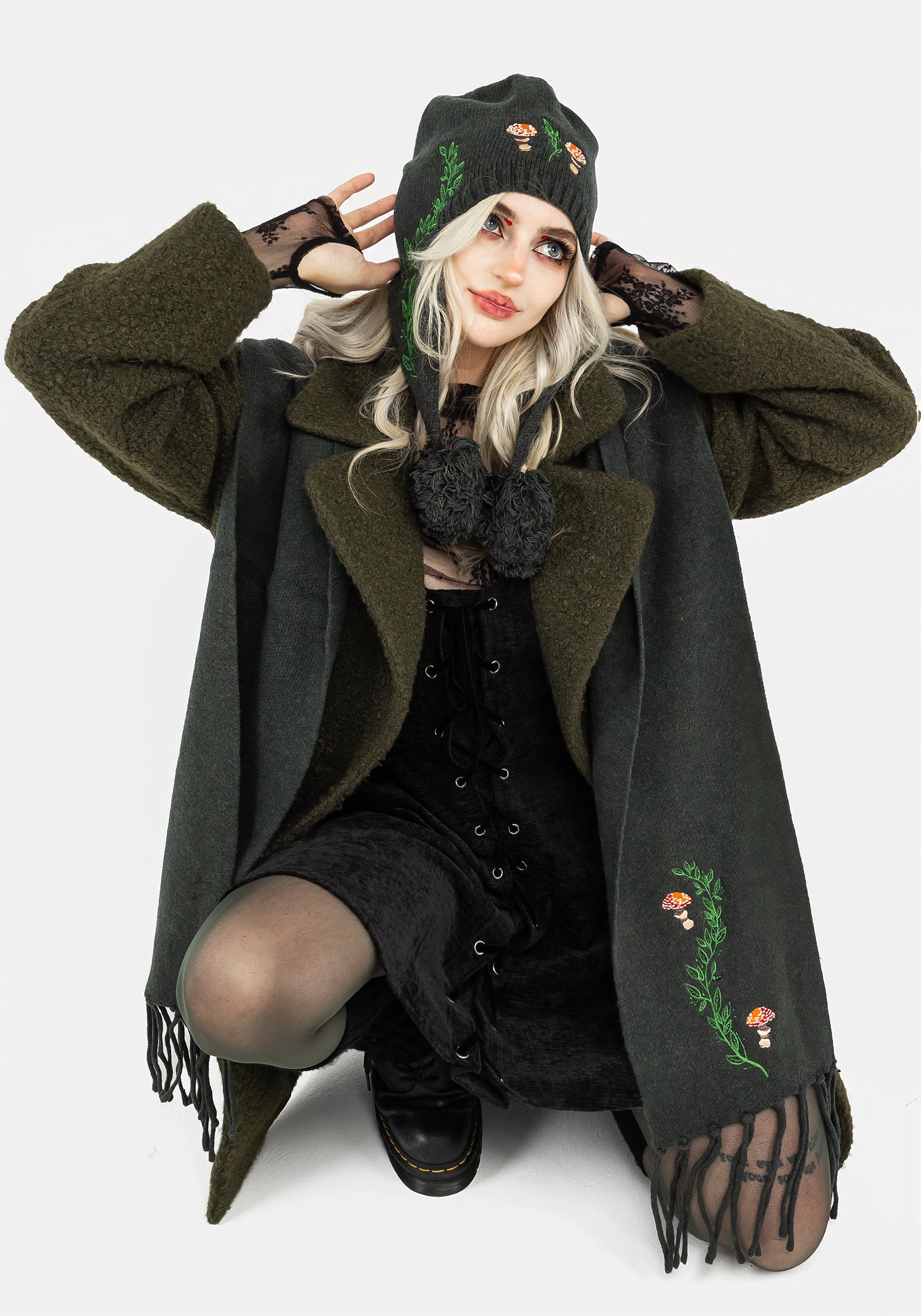 Green Mushroom Embroidered Knit Scarf - Soft & Stretchy | Fable