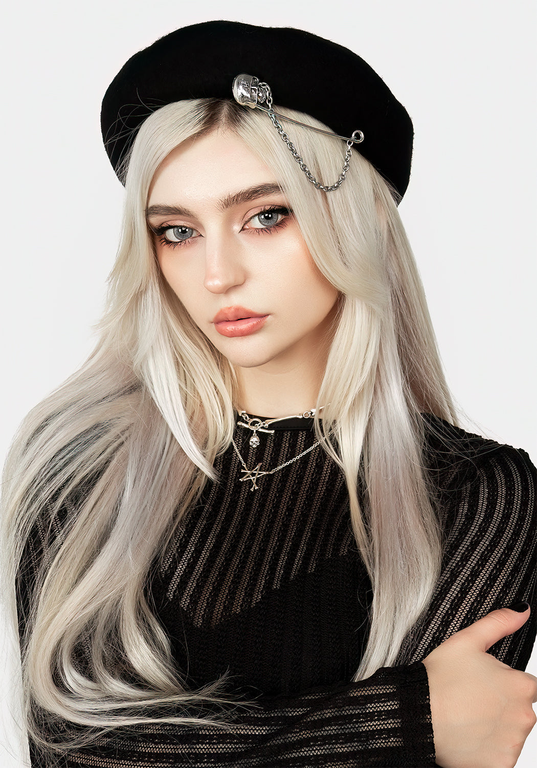 Black Wool Beret with Skull Charm & Adjustable Ribbon | Immortal