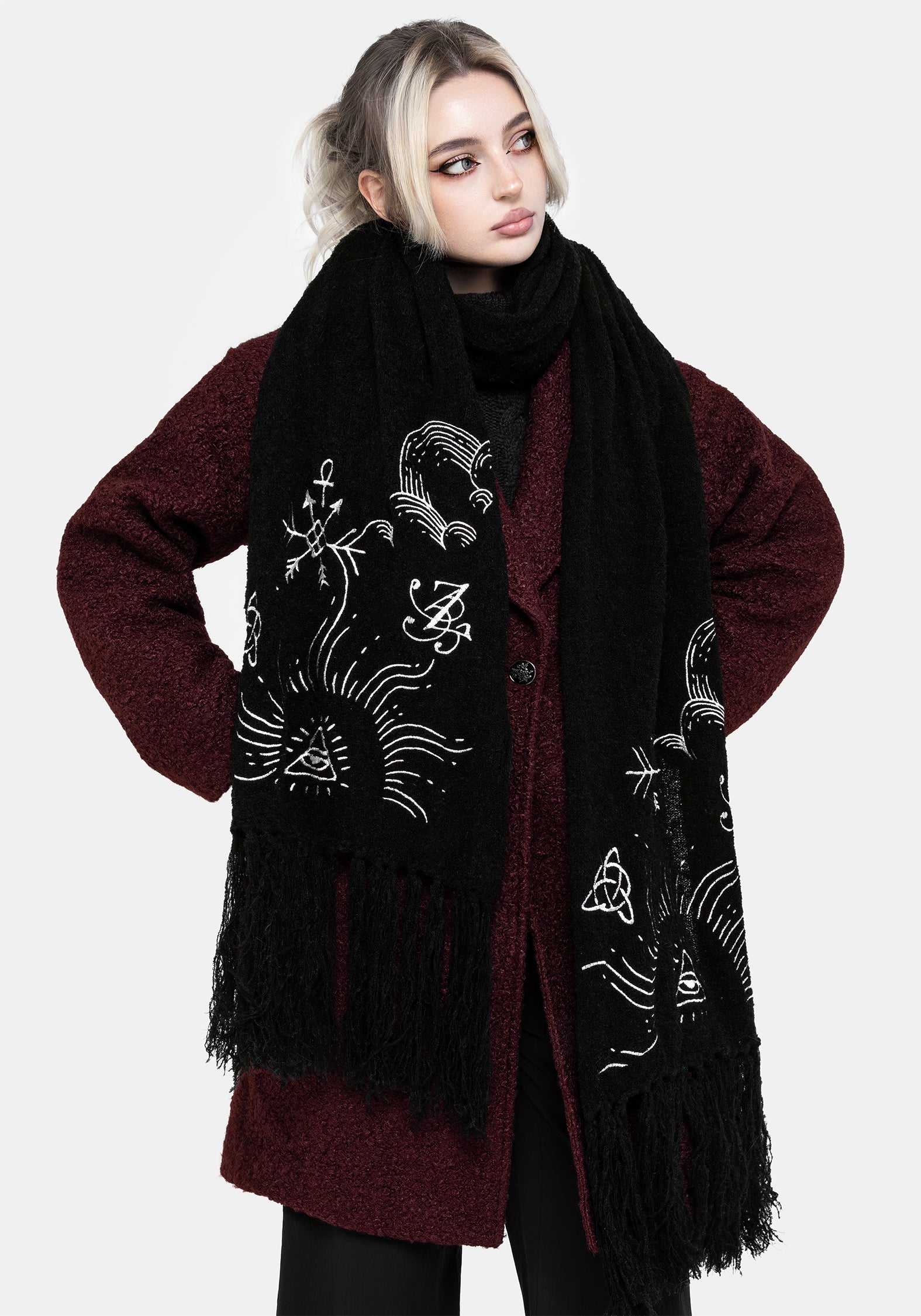 Black Boucle Scarf with Pagan Embroidery & Tassels | Abracula