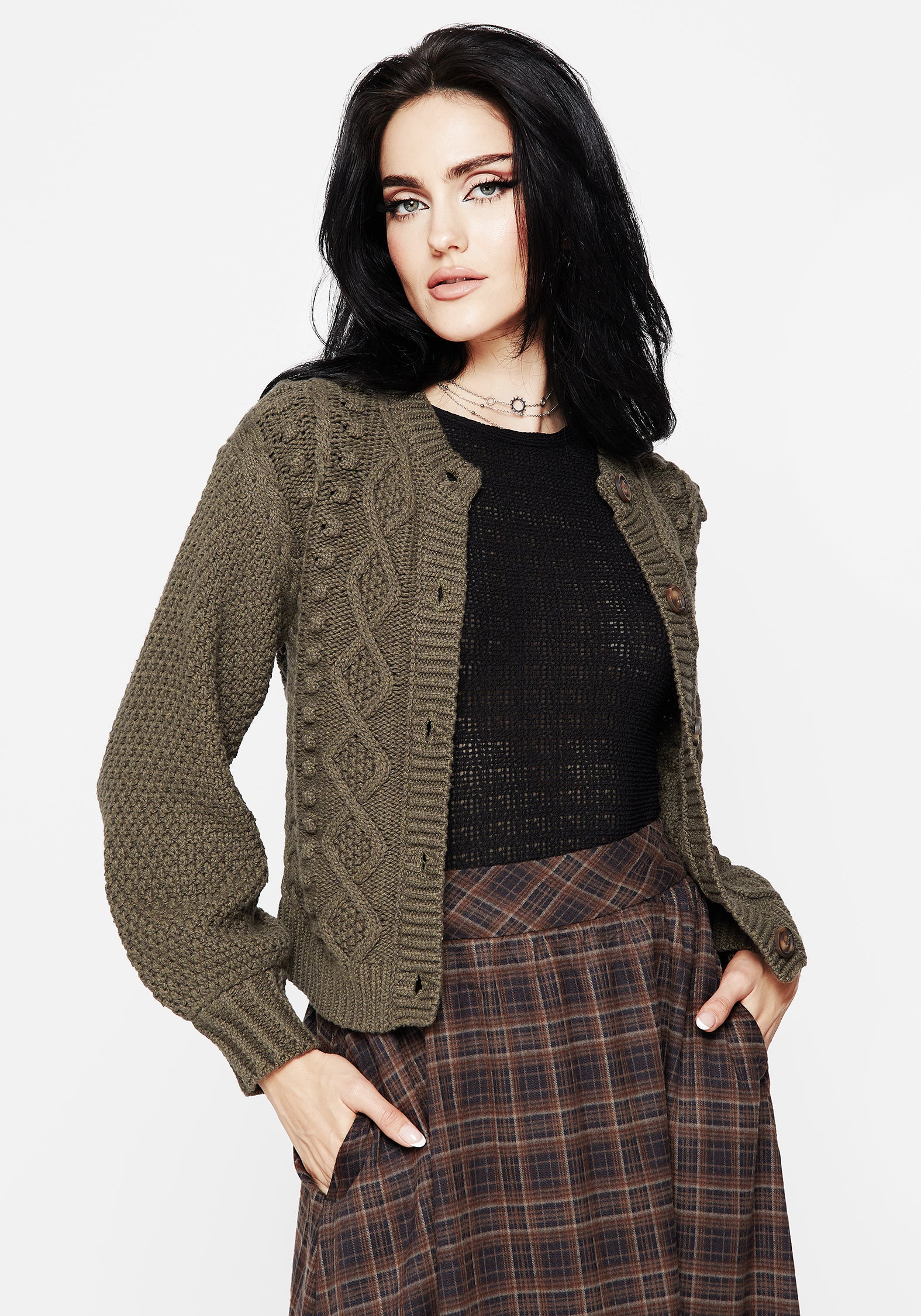 Green Cable Knit Cardigan with Pom-Pom Detail | Nerthus