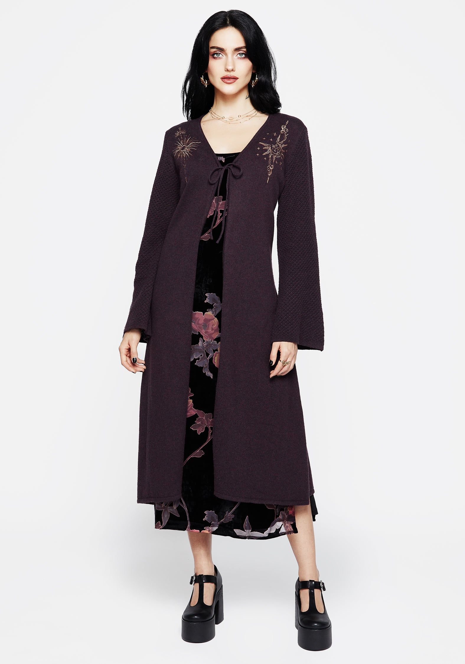 Embroidered Longline Knit Cardigan with Tie Front | Sunniva