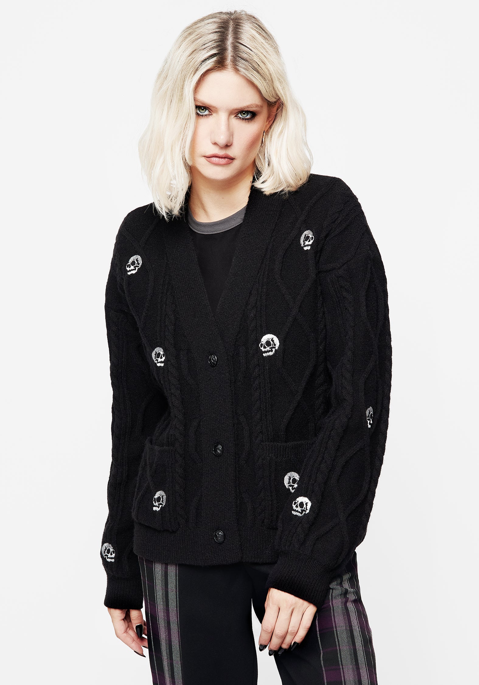 Black Cable Knit Cardigan with Skull Embroidery | Memento Mori