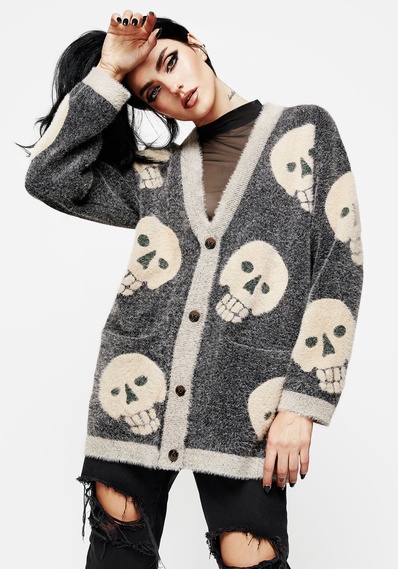Grey Skull Jacquard Fluffy Knit Cardigan | Crania