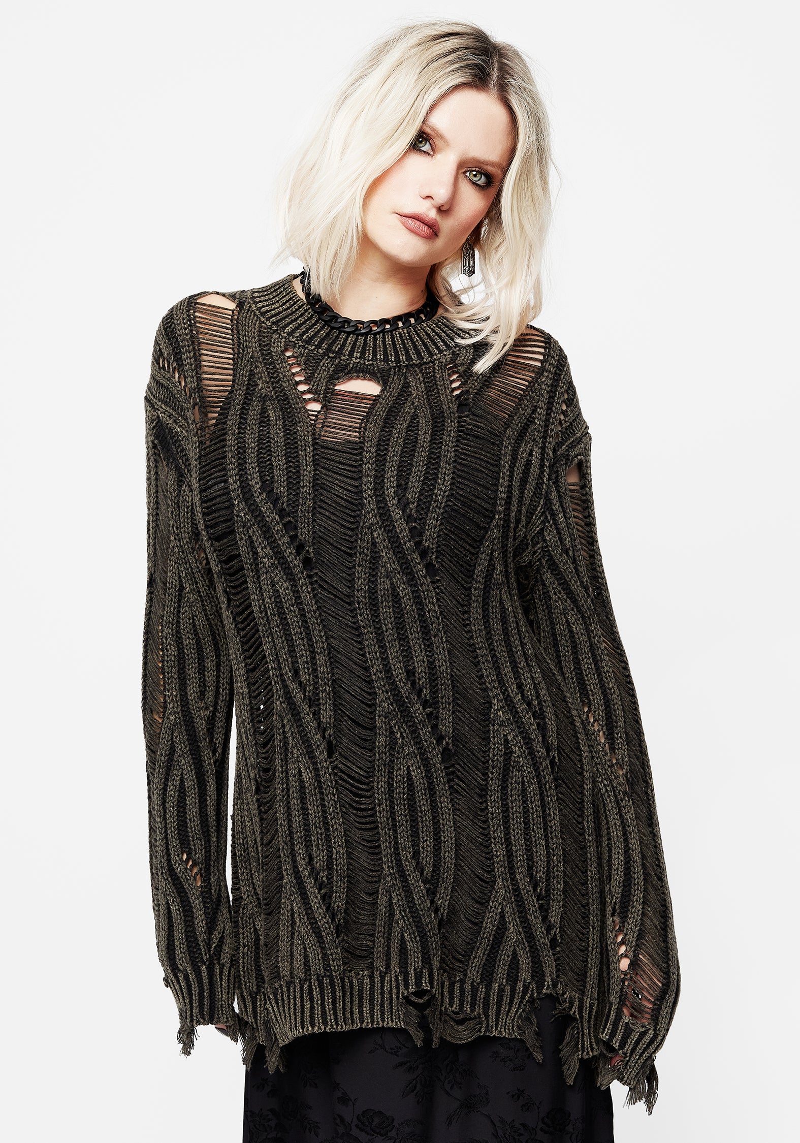 Distressed Cable Knit Sweater | Oversized Slouchy Fit & Ribbed Neckline