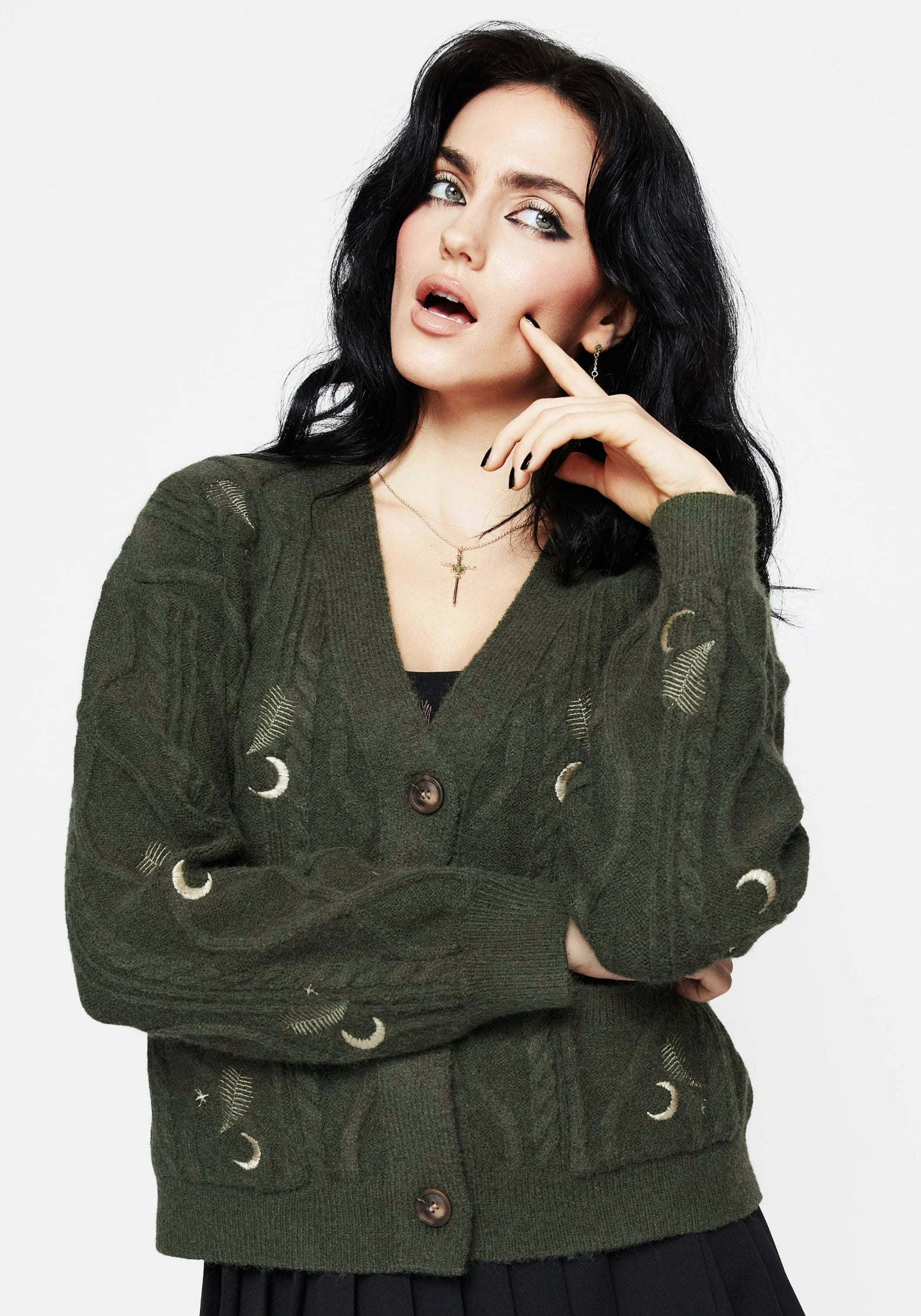 Embroidered Cable Knit Cardigan with Moon & Fern Design | Dianne