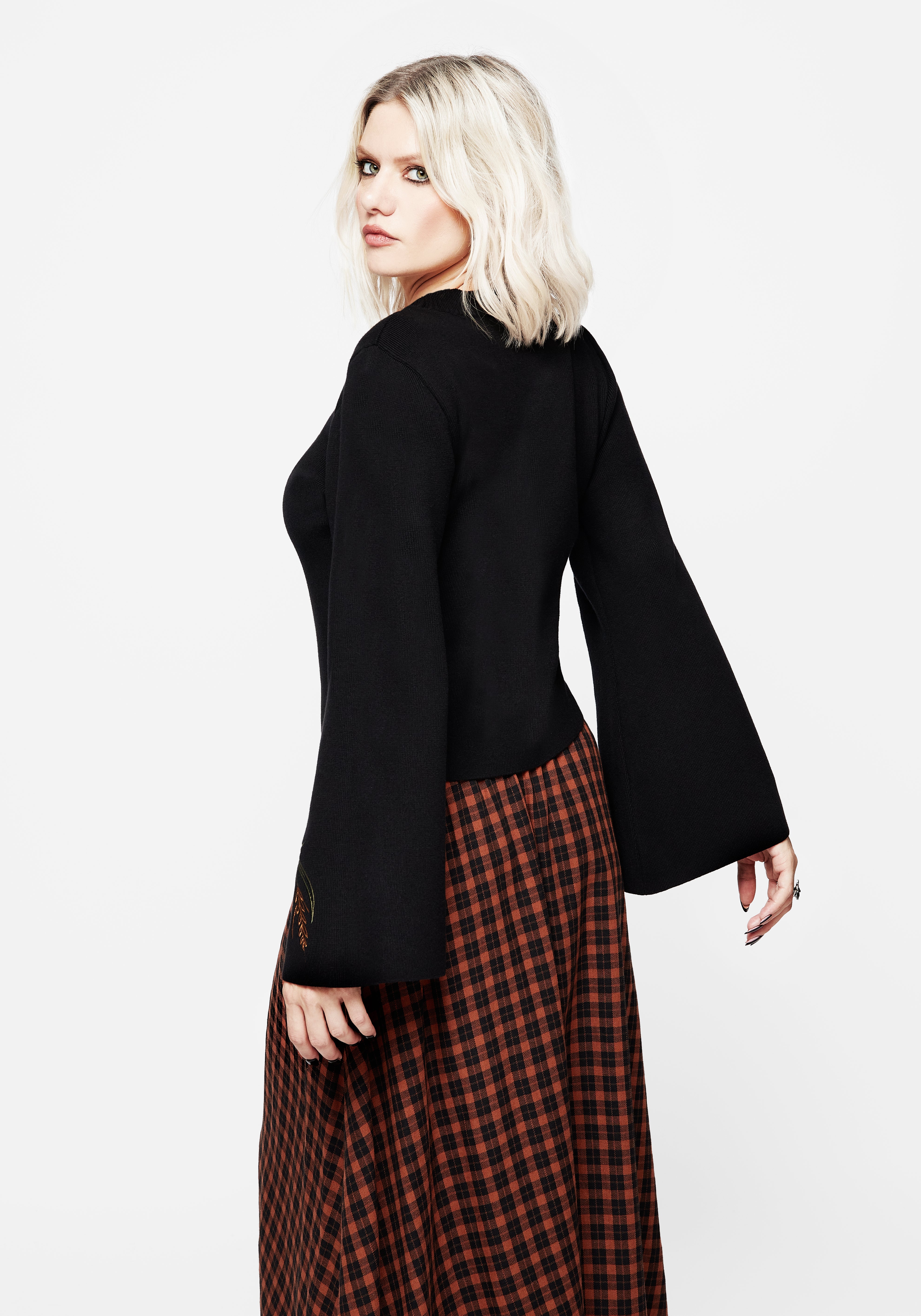 Embroidered Flare Sleeve Knit Sweater with Autumn Leaves | Autumnus