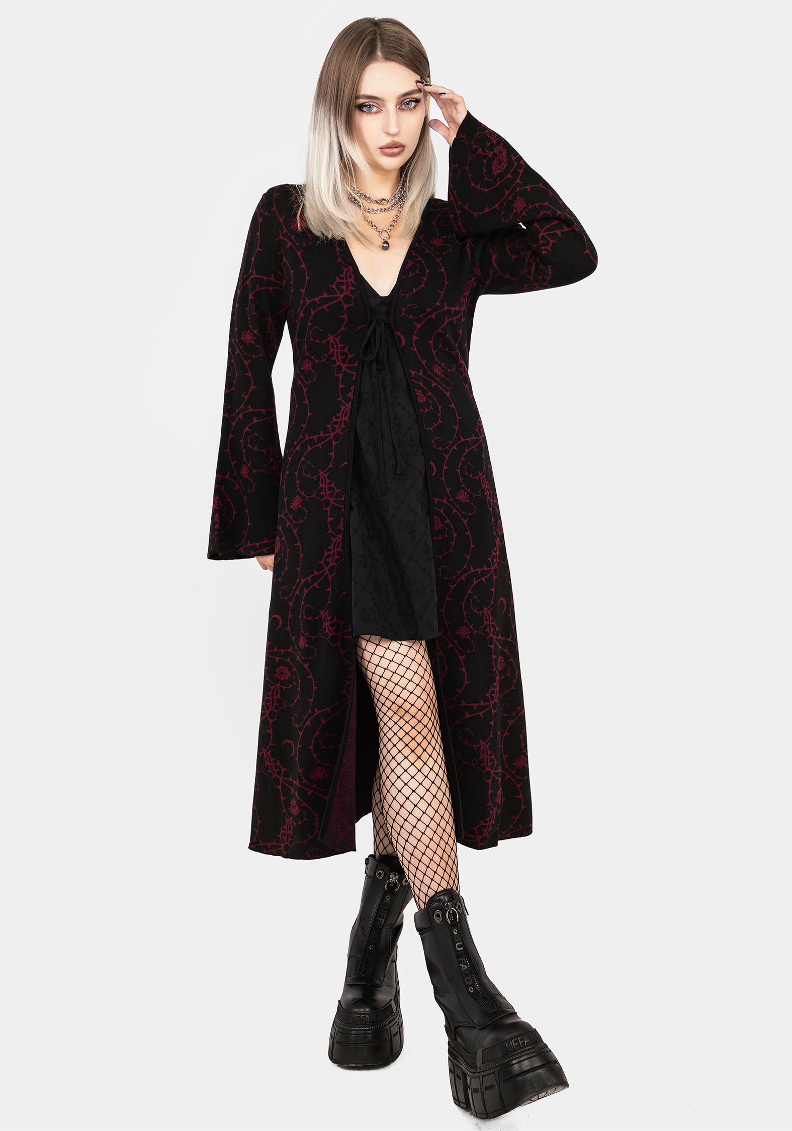 Black & Red Rose Thorn Knit Longline Cardigan | Tie-Front & Stretchy