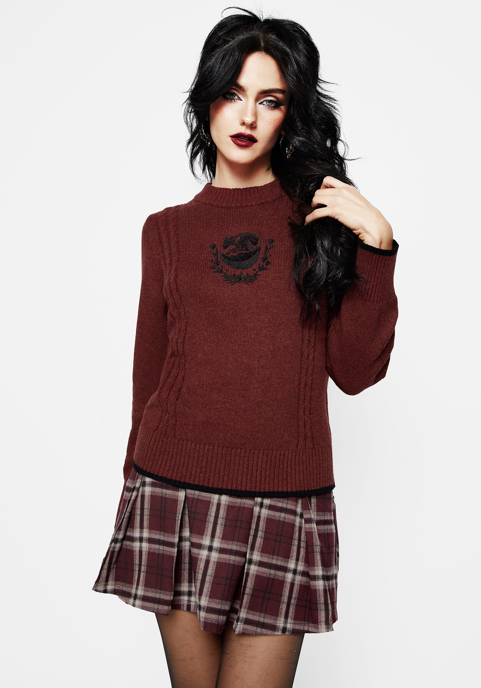 Burgundy Cable Knit Sweater with Fox Embroidery | Foxfire