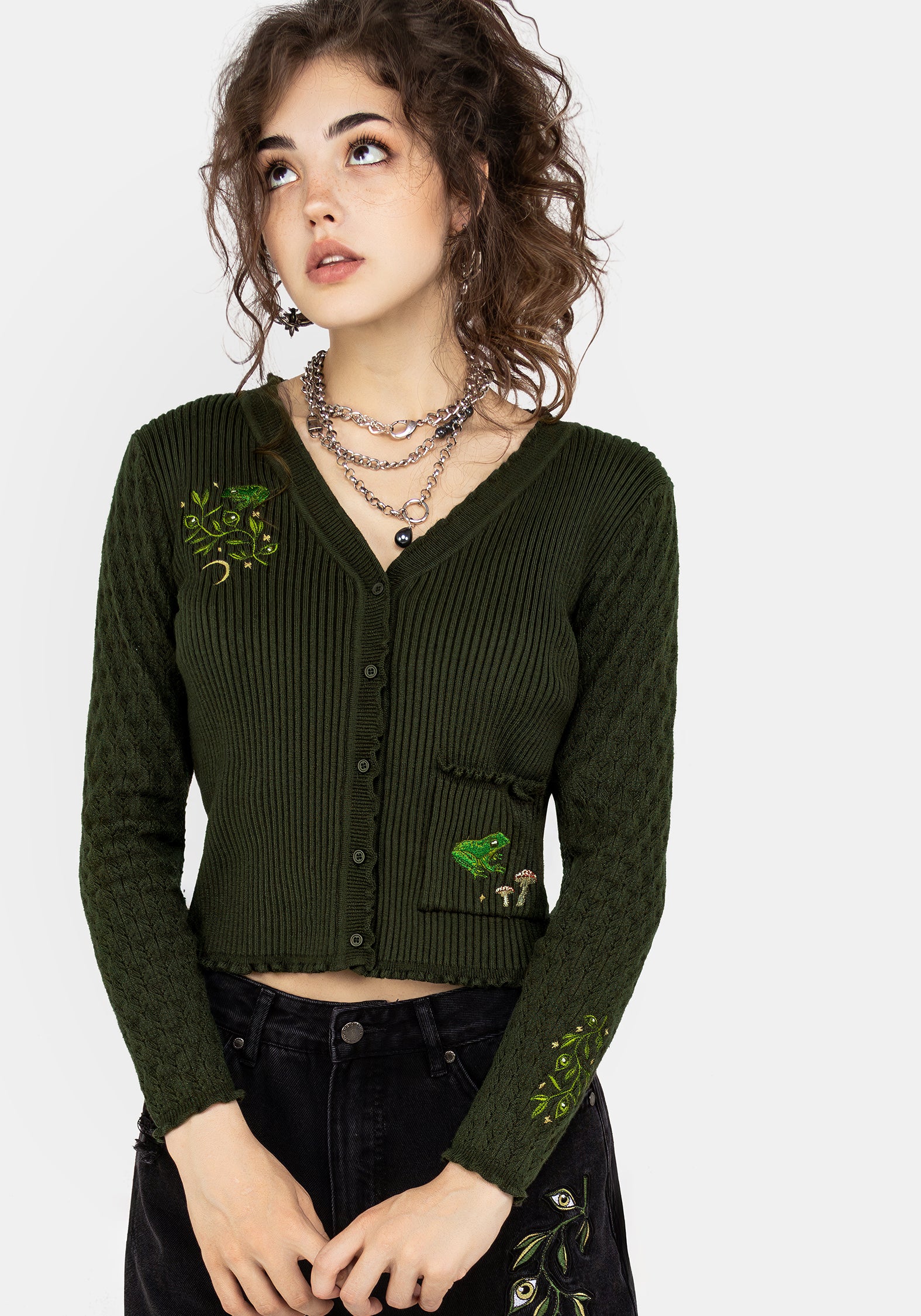 Embroidered Knit Crop Cardigan with Frog & Mushroom Design | Swamplife