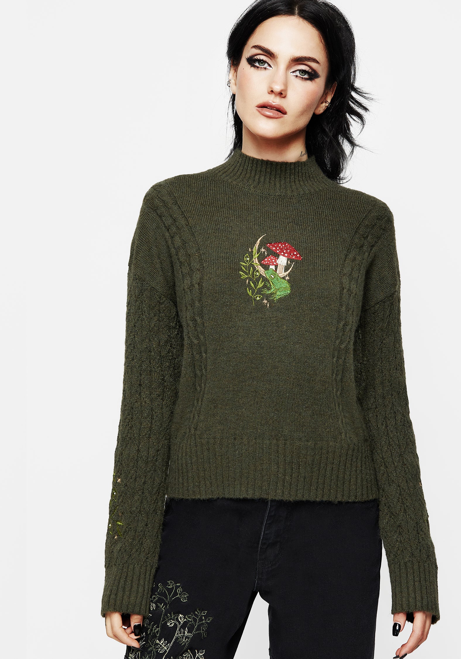 Embroidered Cable Knit Sweater with Frog & Mushroom Design | Swamplife