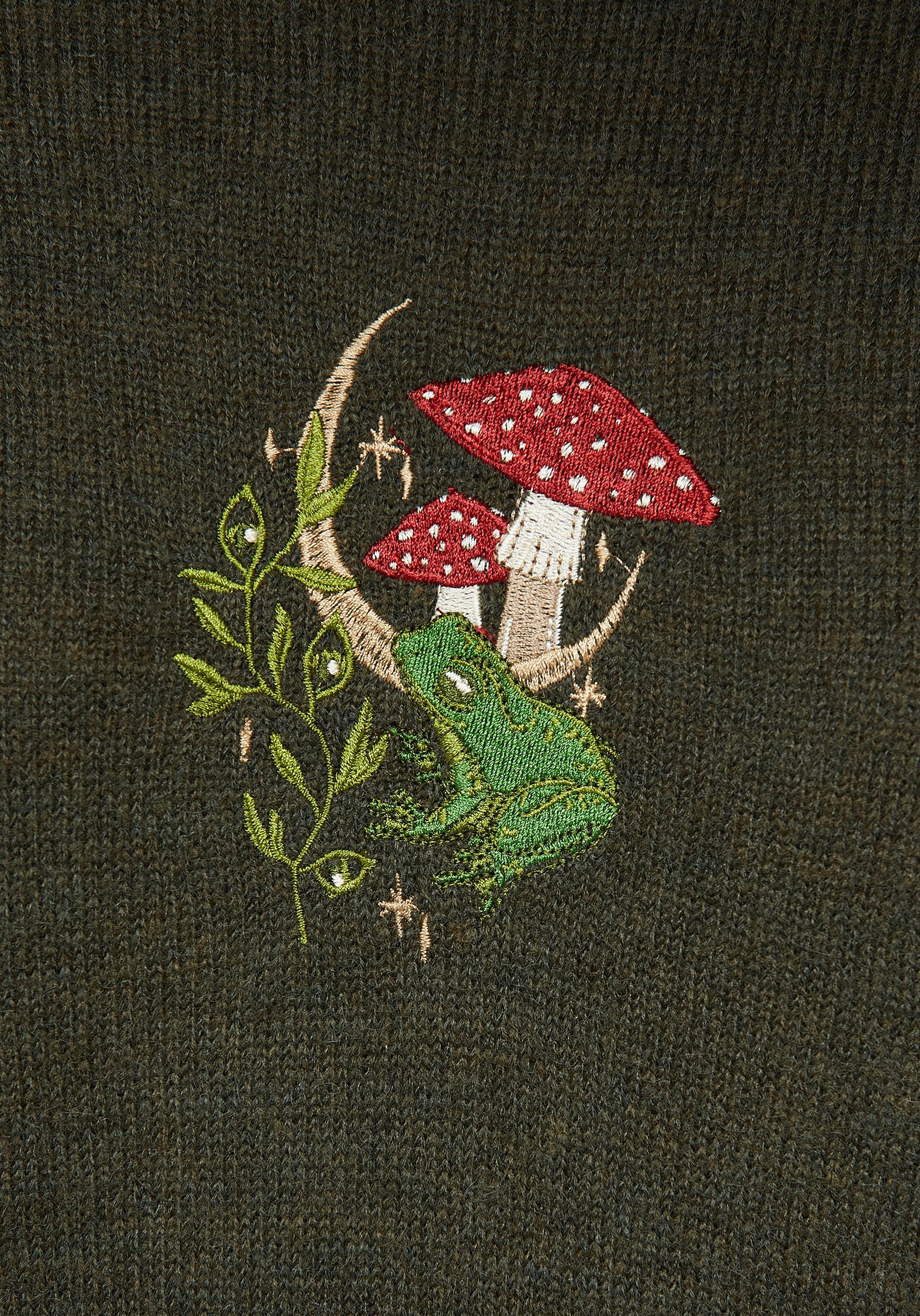 Embroidered Cable Knit Sweater with Frog & Mushroom Design | Swamplife