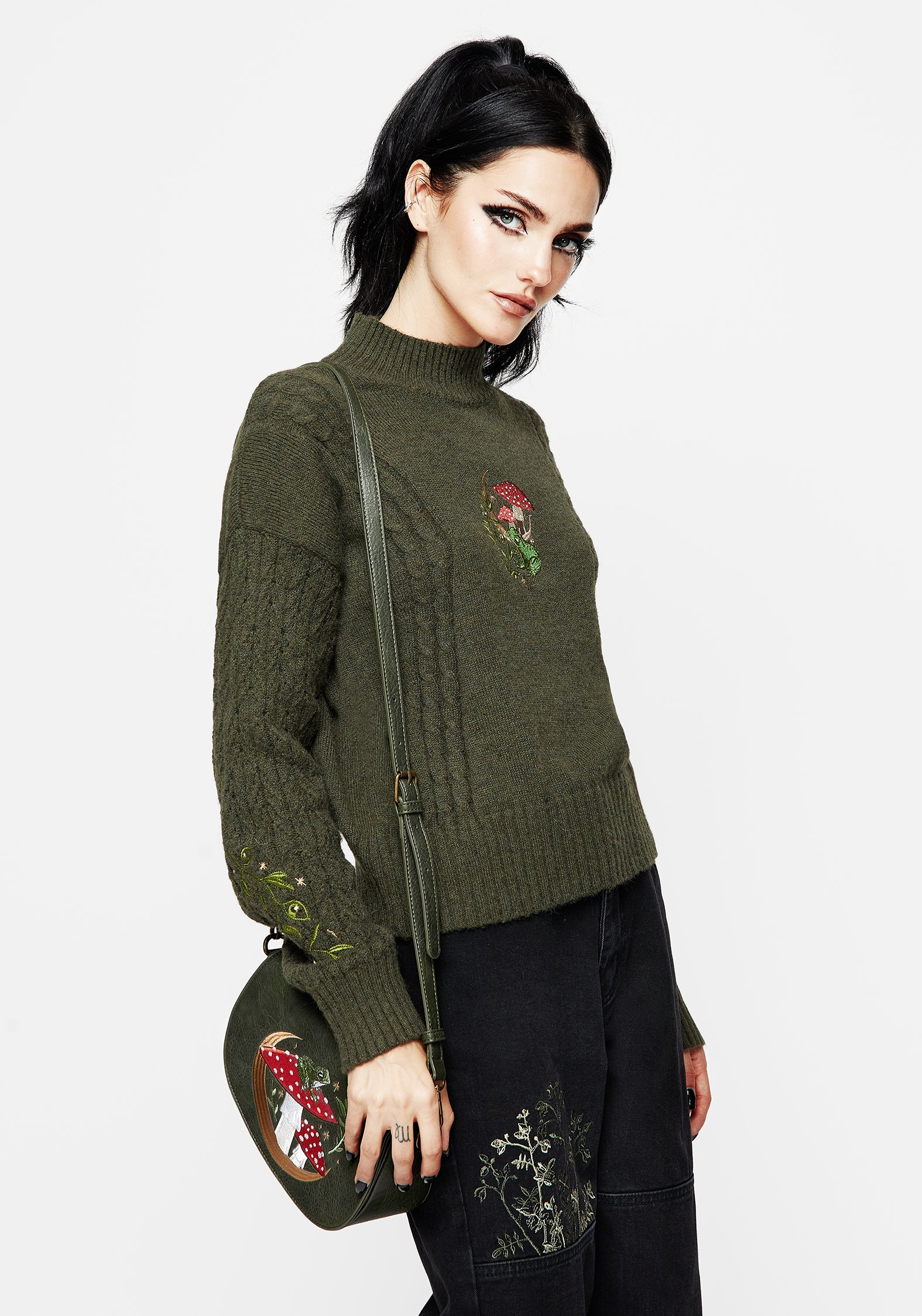 Embroidered Cable Knit Sweater with Frog & Mushroom Design | Swamplife