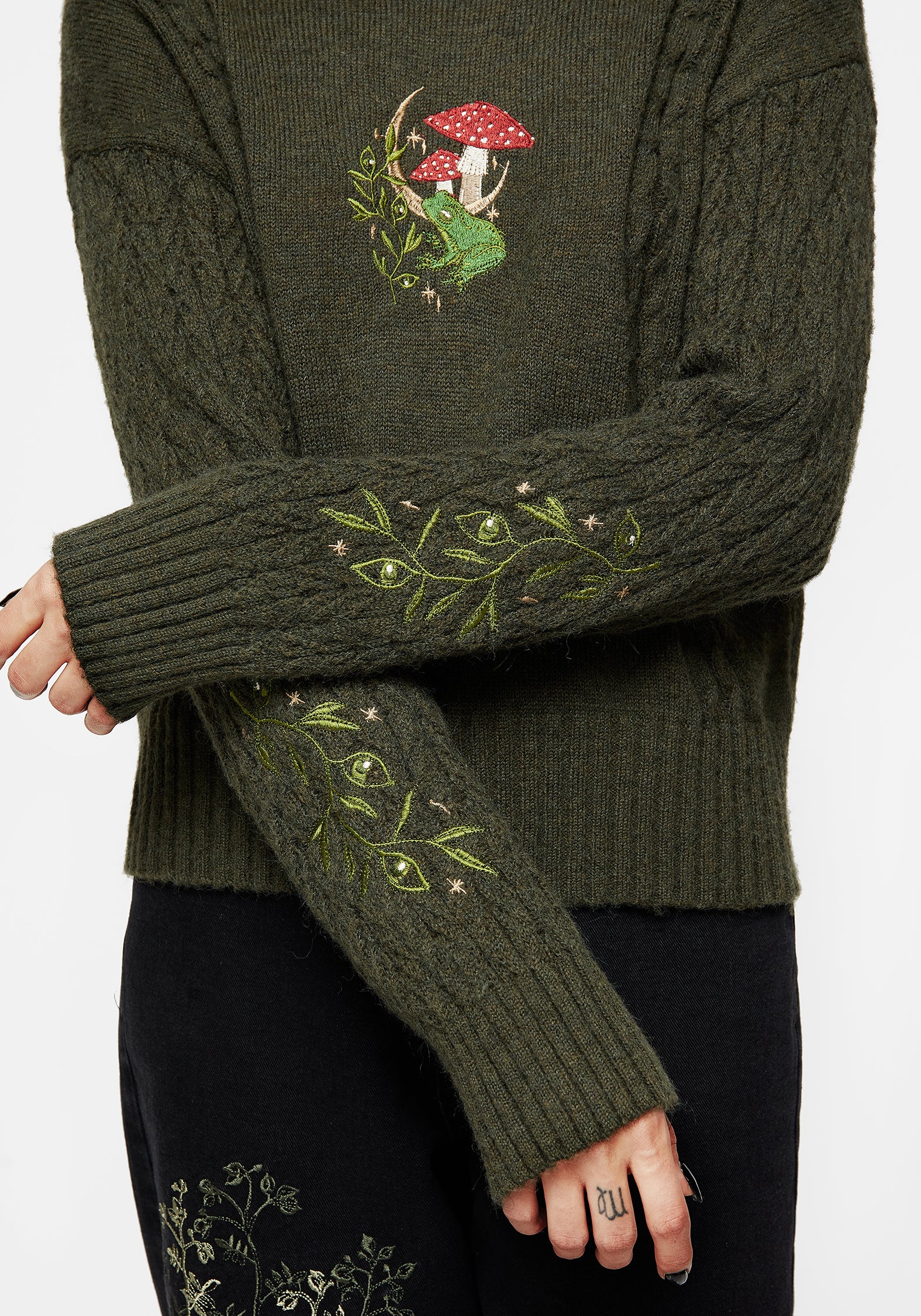 Embroidered Cable Knit Sweater with Frog & Mushroom Design | Swamplife
