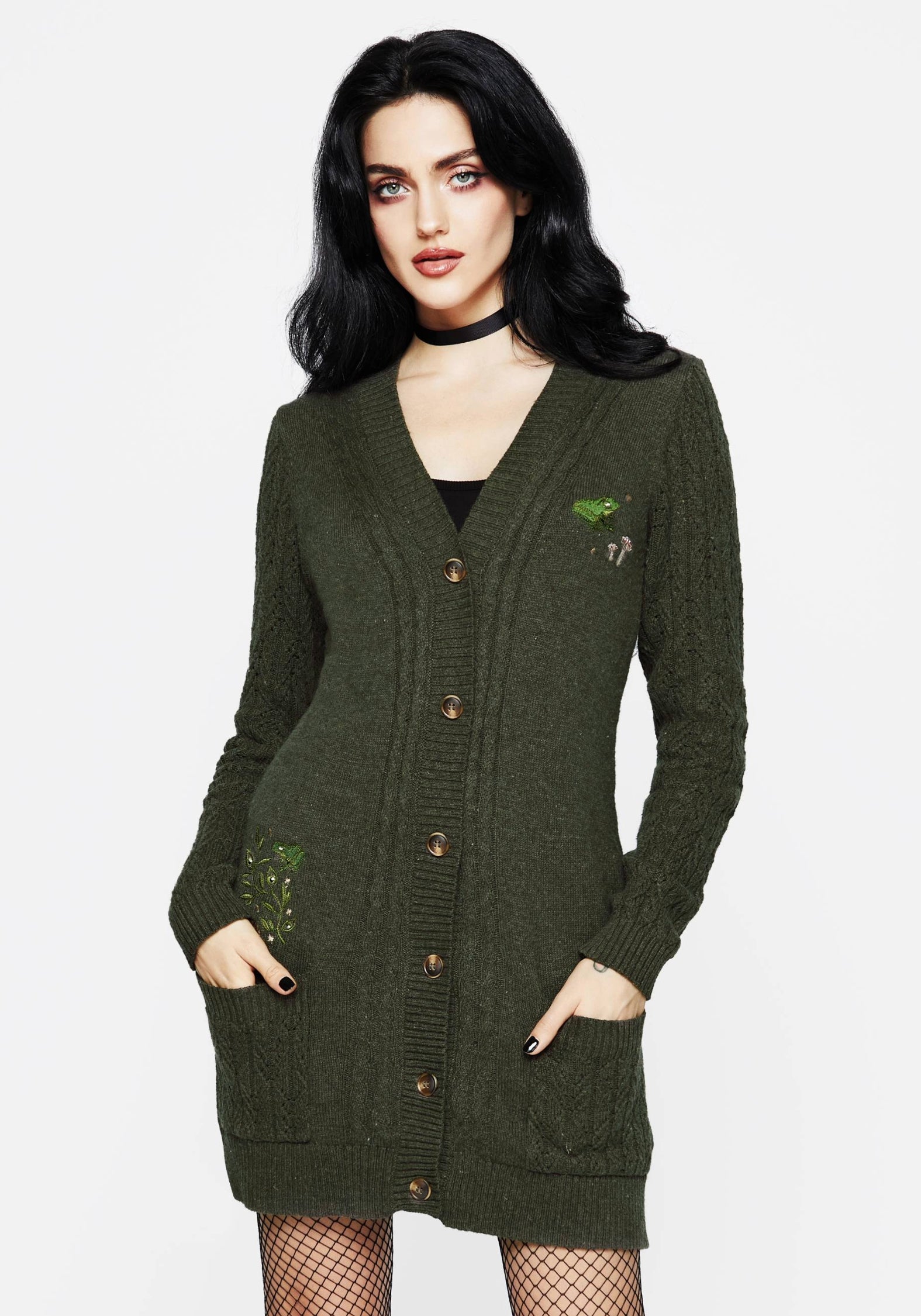Embroidered Cable Knit Cardigan with Frog & Mushroom Design | Swamplife
