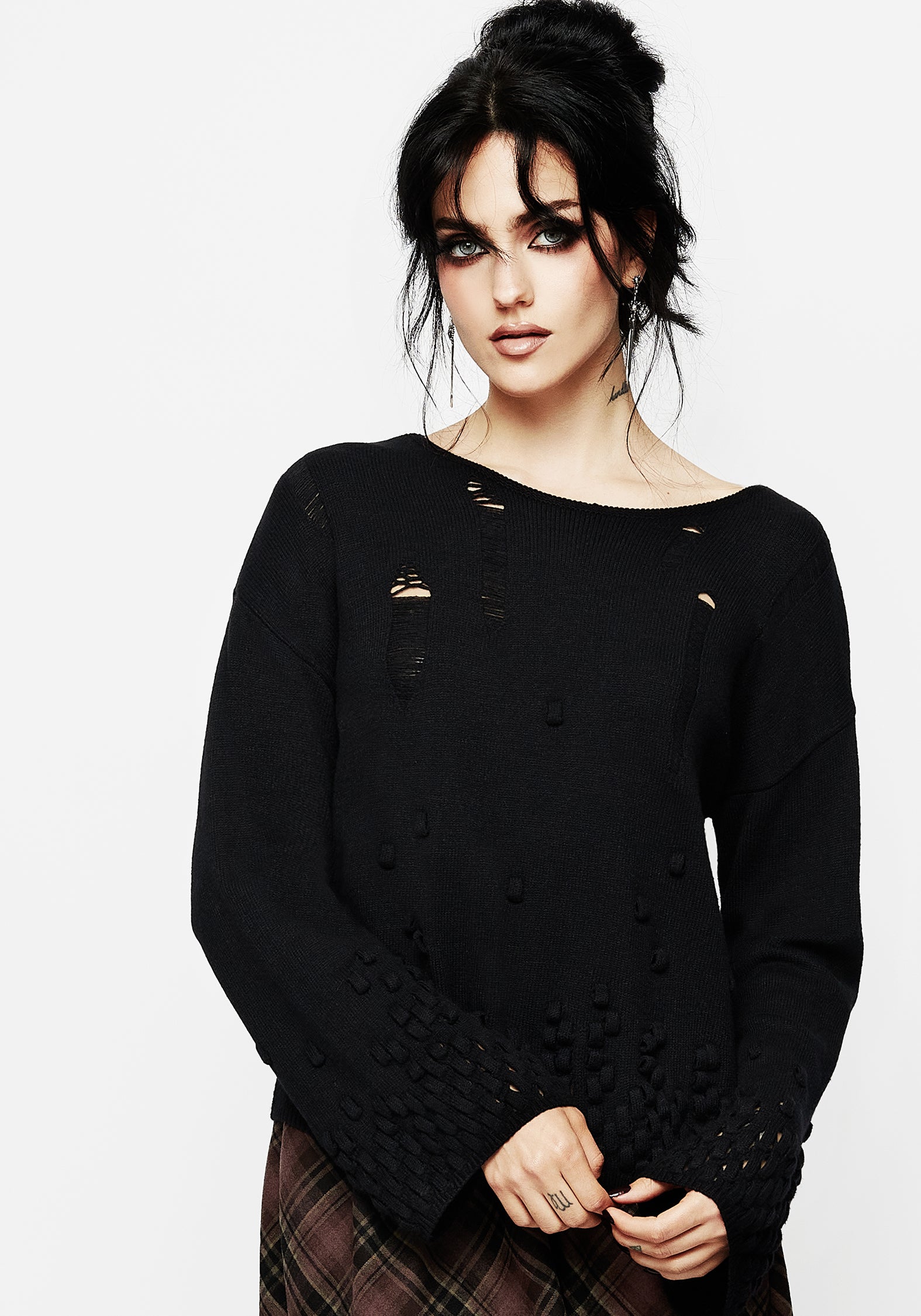 Distressed Loop Knit Sweater - Relaxed Fit & Dropped Shoulders