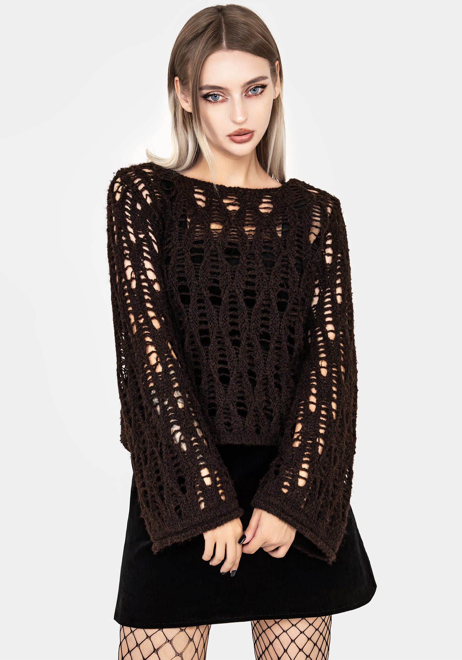 Brown Pointelle Knit Sweater with Laddered Detail & Fluted Sleeves | Ameila