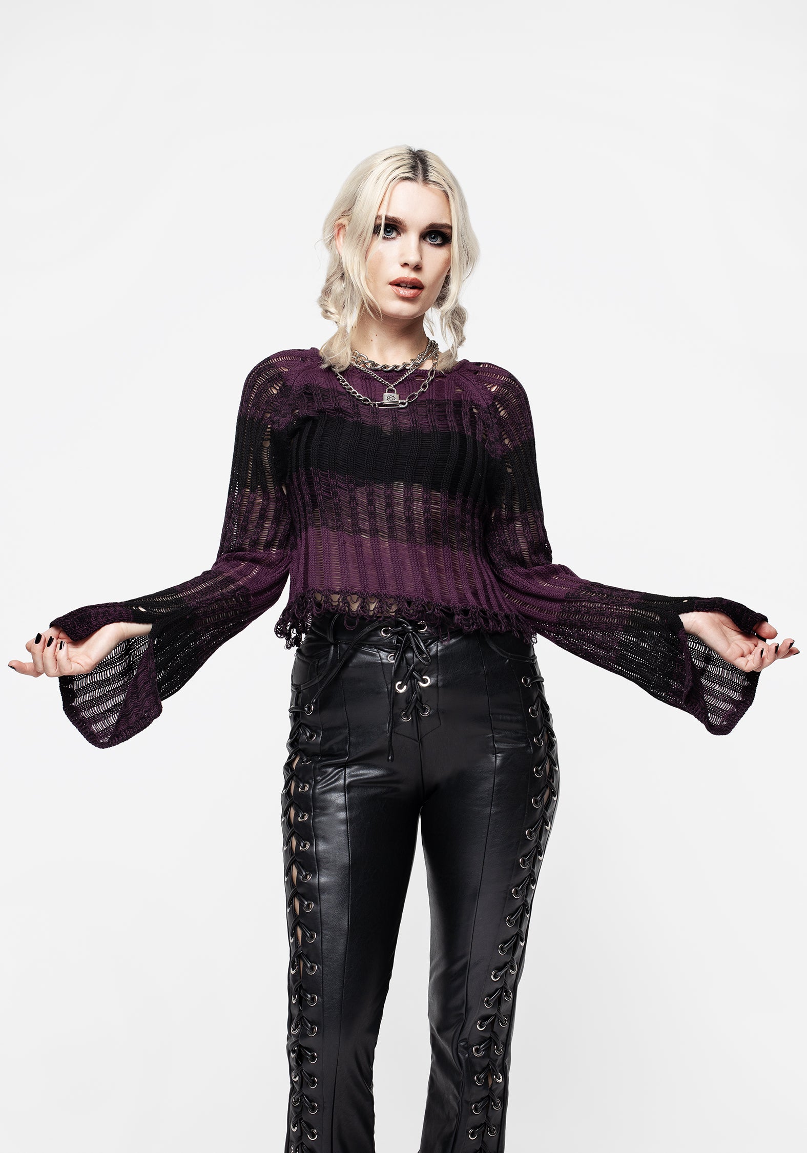 Purple & Black Ombré Knit Crop Top with Ladder Stitch | Possession