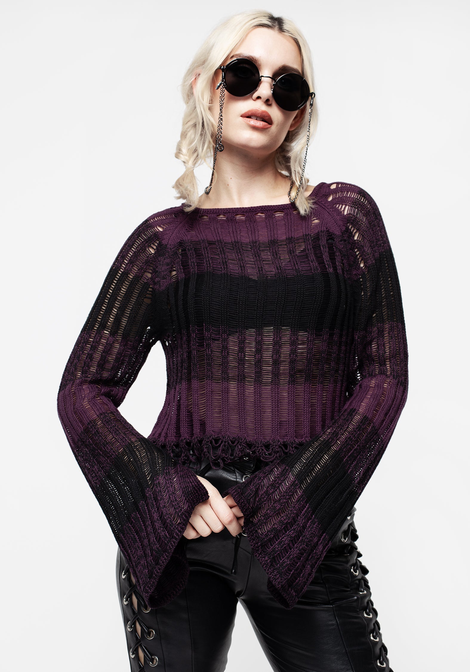 Purple & Black Ombré Knit Crop Top with Ladder Stitch | Possession