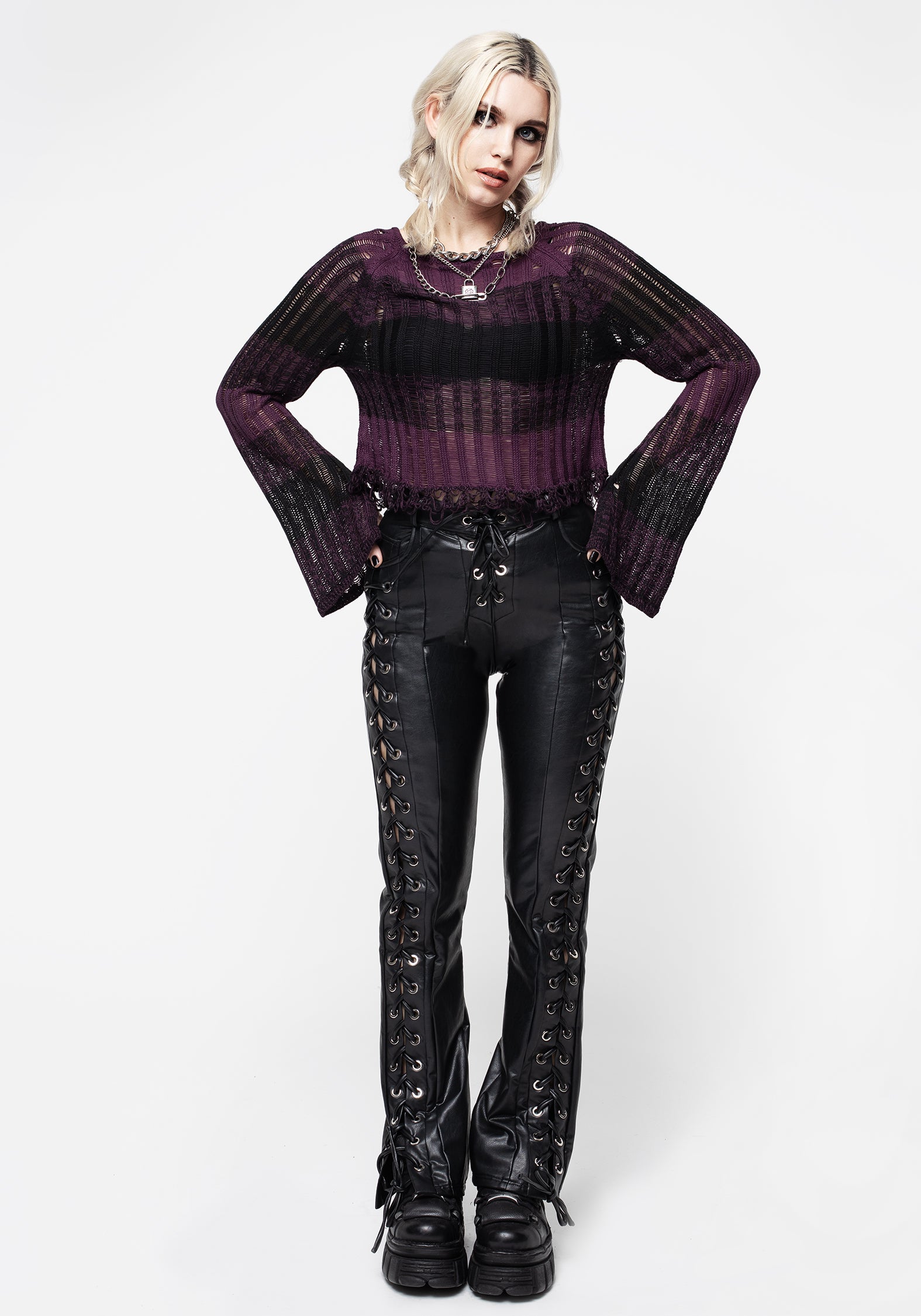Purple & Black Ombré Knit Crop Top with Ladder Stitch | Possession