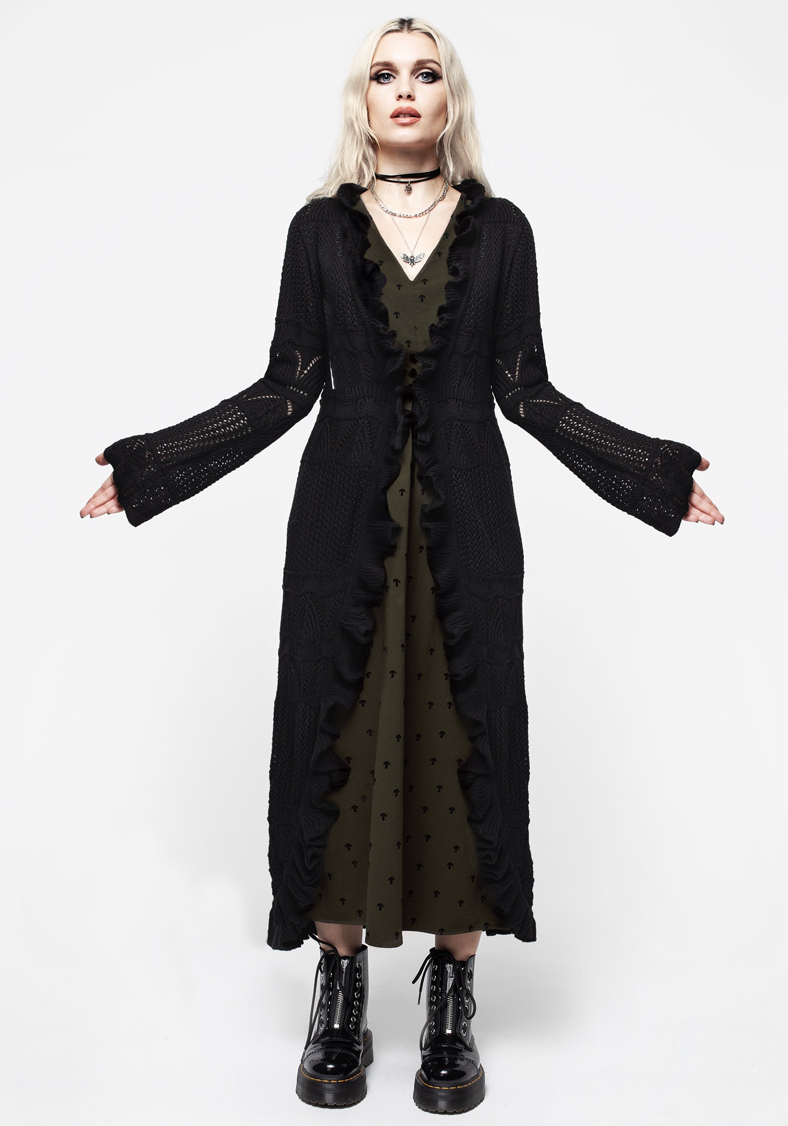 Black Longline Cardigan with Ruffles & V-Neck | Alexis Cotton-Blend