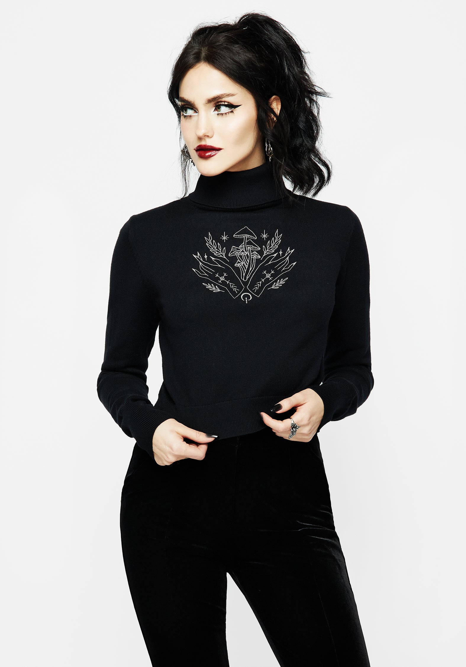 Embroidered Roll Neck Crop Sweater - Mystify Black Knit Jumper
