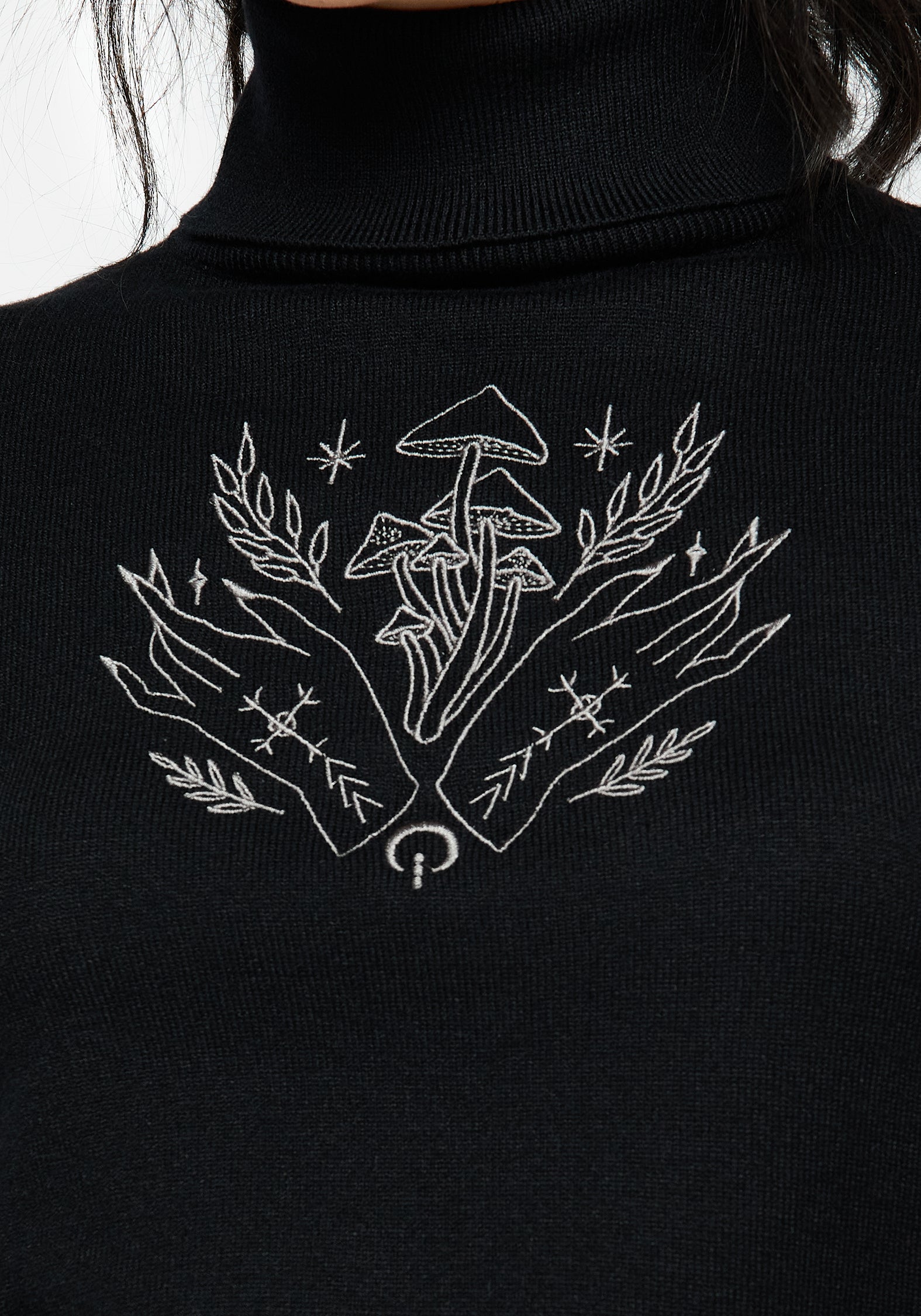 Embroidered Roll Neck Crop Sweater - Mystify Black Knit Jumper