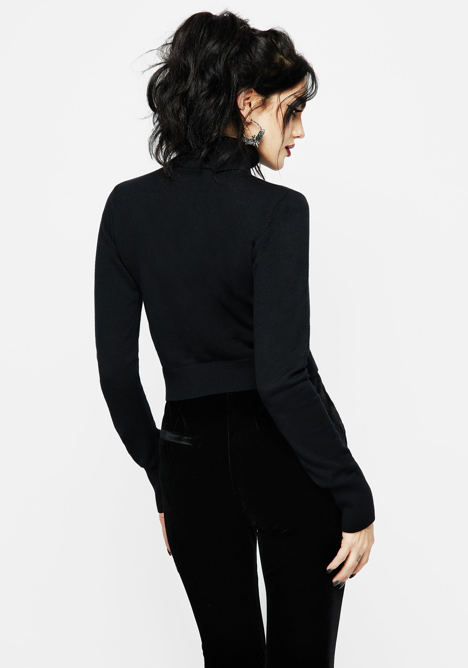Embroidered Roll Neck Crop Sweater - Mystify Black Knit Jumper