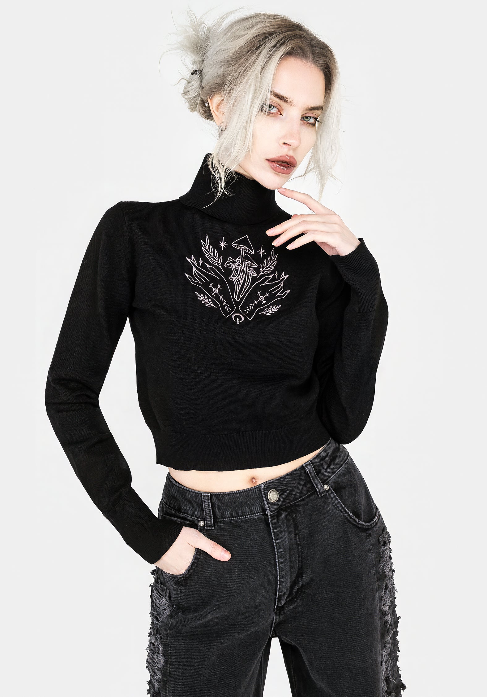 Embroidered Roll Neck Crop Sweater - Mystify Black Knit Jumper