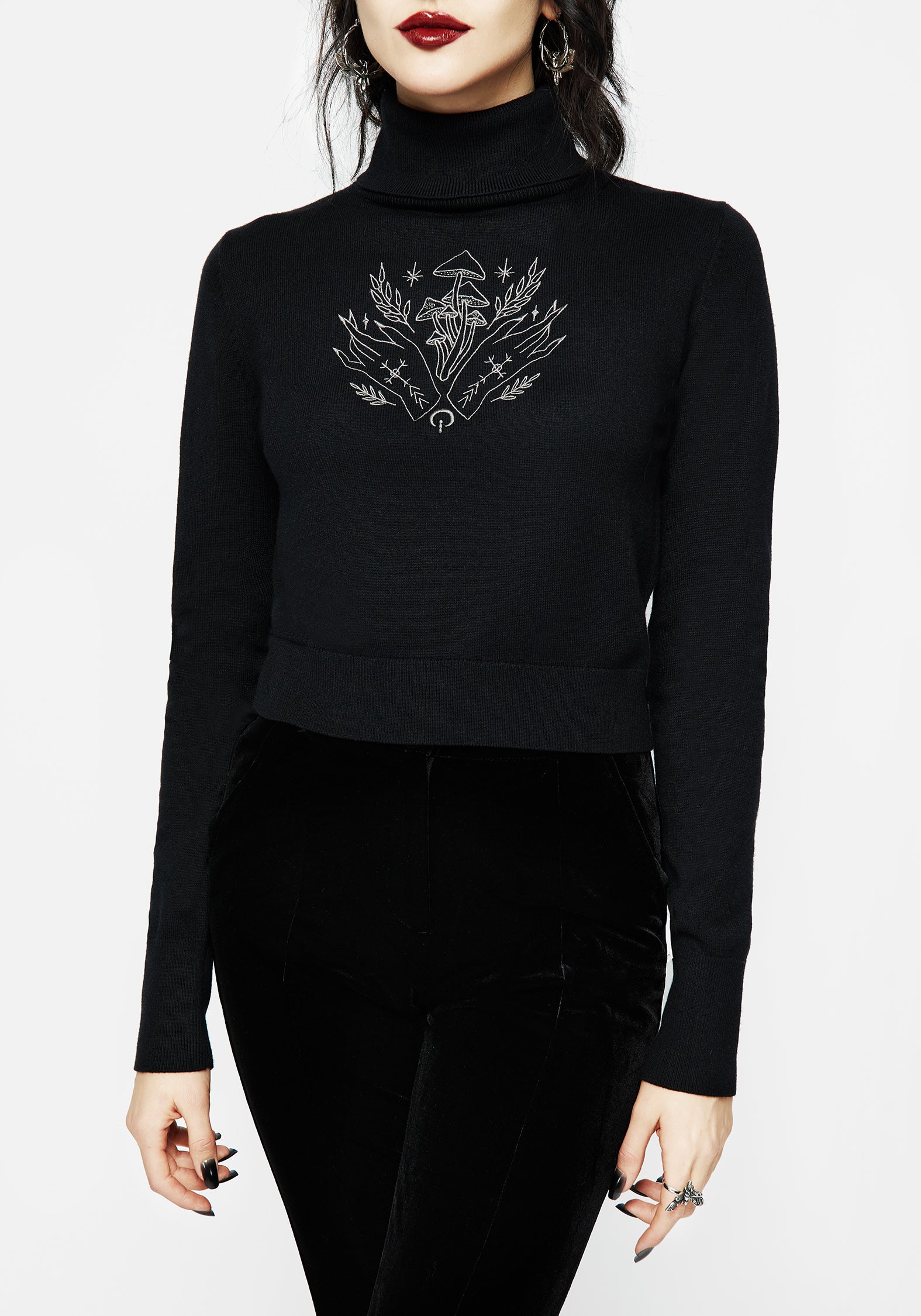 Embroidered Roll Neck Crop Sweater - Mystify Black Knit Jumper