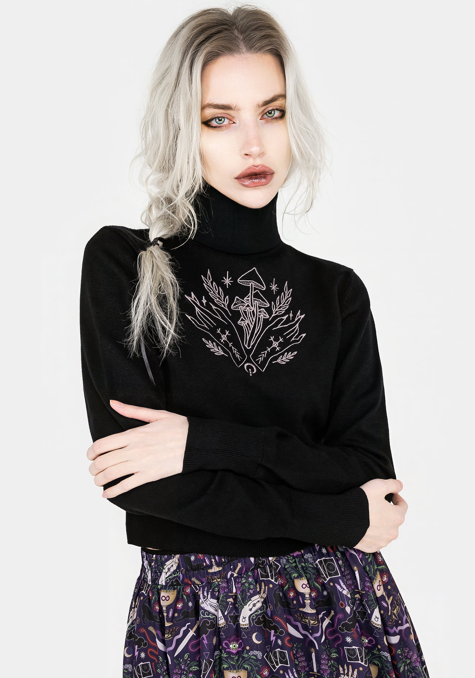 Embroidered Roll Neck Crop Sweater - Mystify Black Knit Jumper