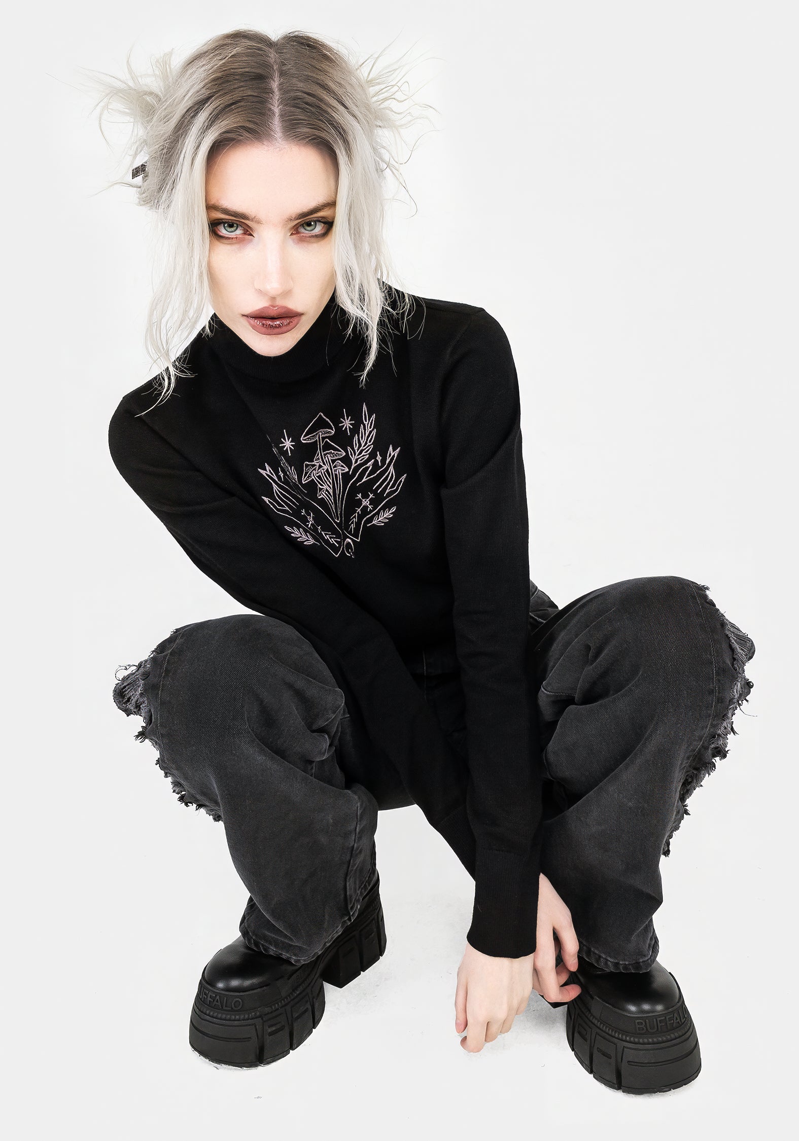 Embroidered Roll Neck Crop Sweater - Mystify Black Knit Jumper