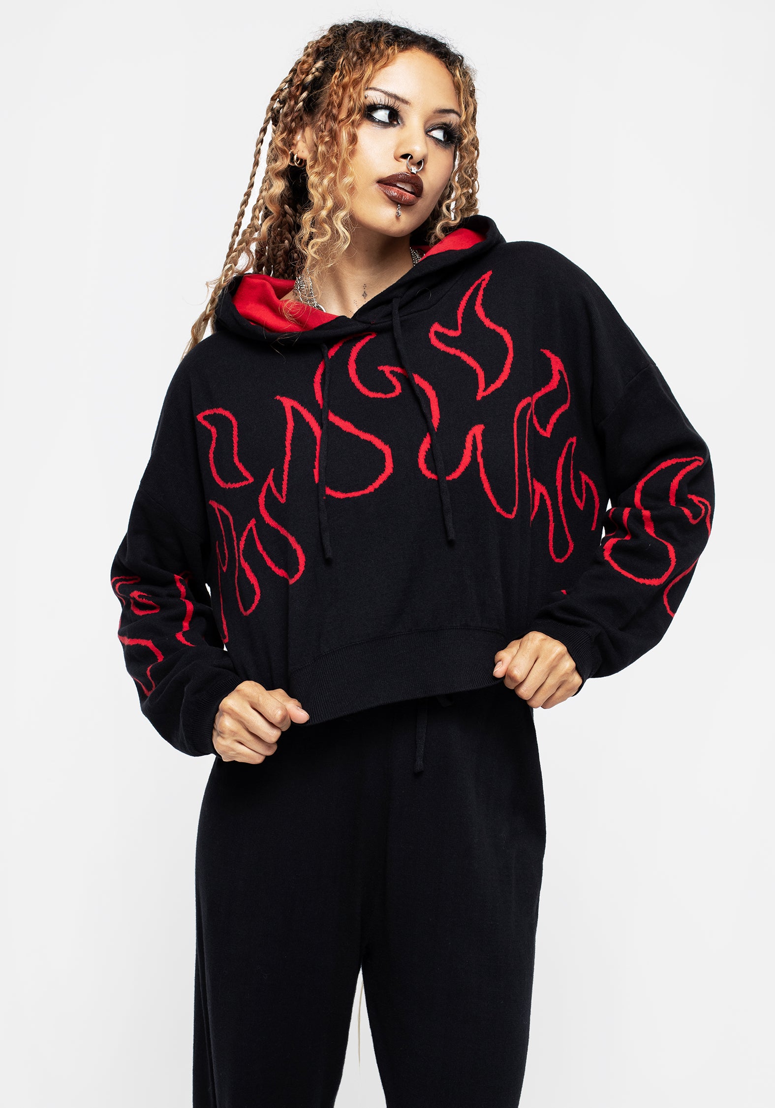 Black Crop Knit Hoody with Flame Motif & Adjustable Hood | Blaze