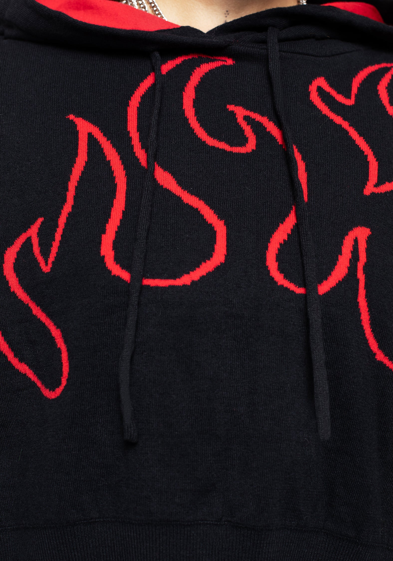 Black Crop Knit Hoody with Flame Motif & Adjustable Hood | Blaze