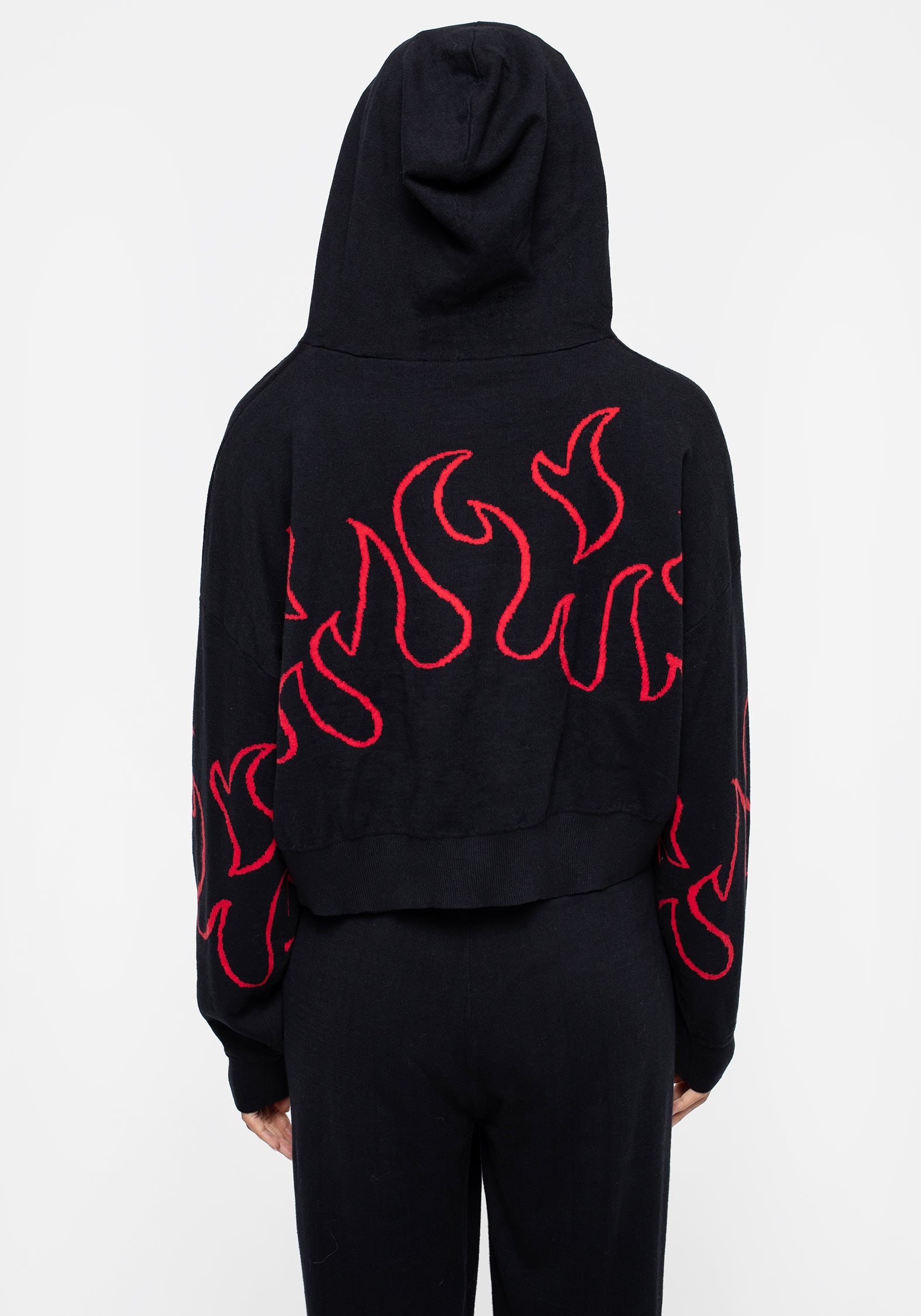 Black Crop Knit Hoody with Flame Motif & Adjustable Hood | Blaze