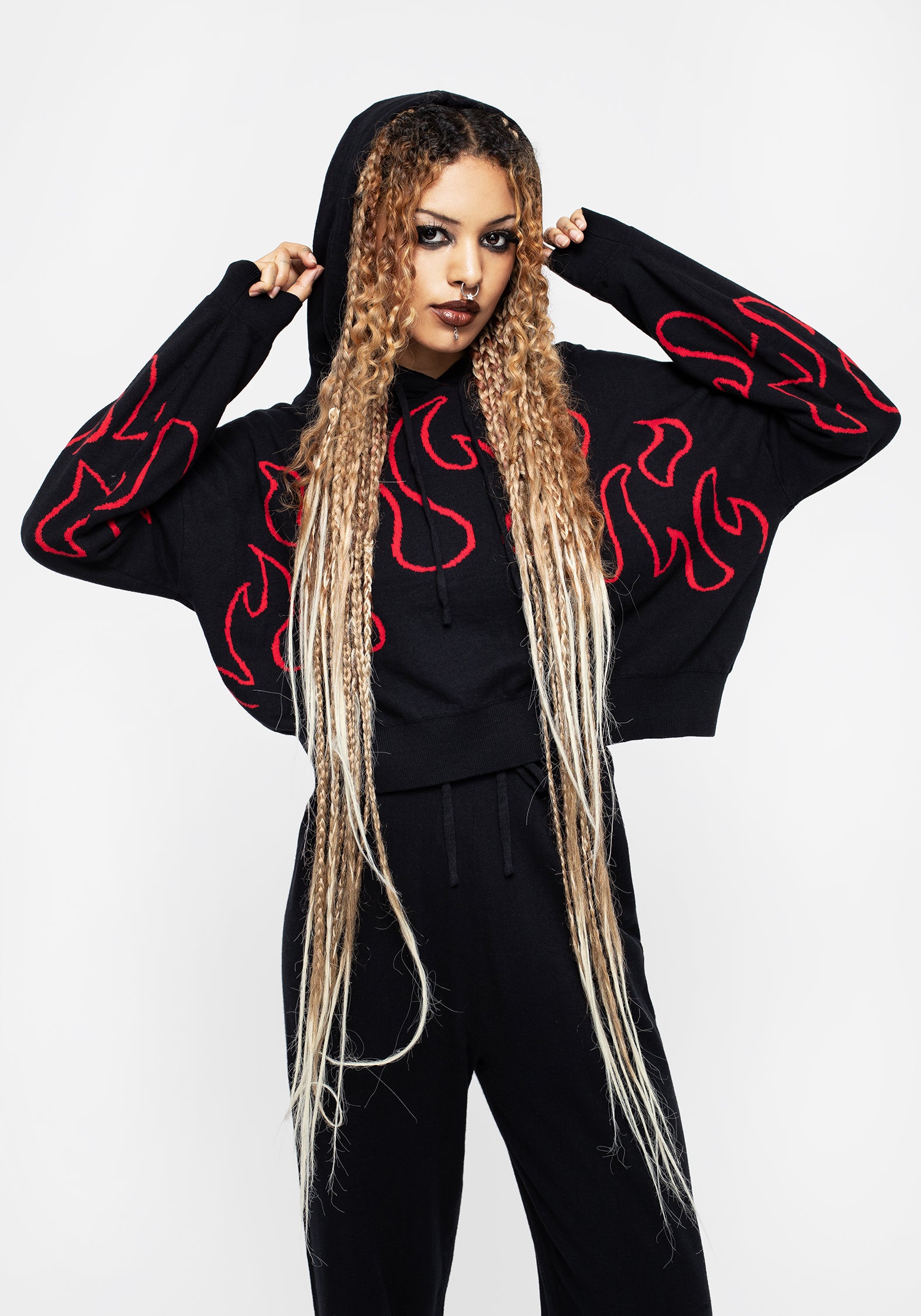 Black Crop Knit Hoody with Flame Motif & Adjustable Hood | Blaze