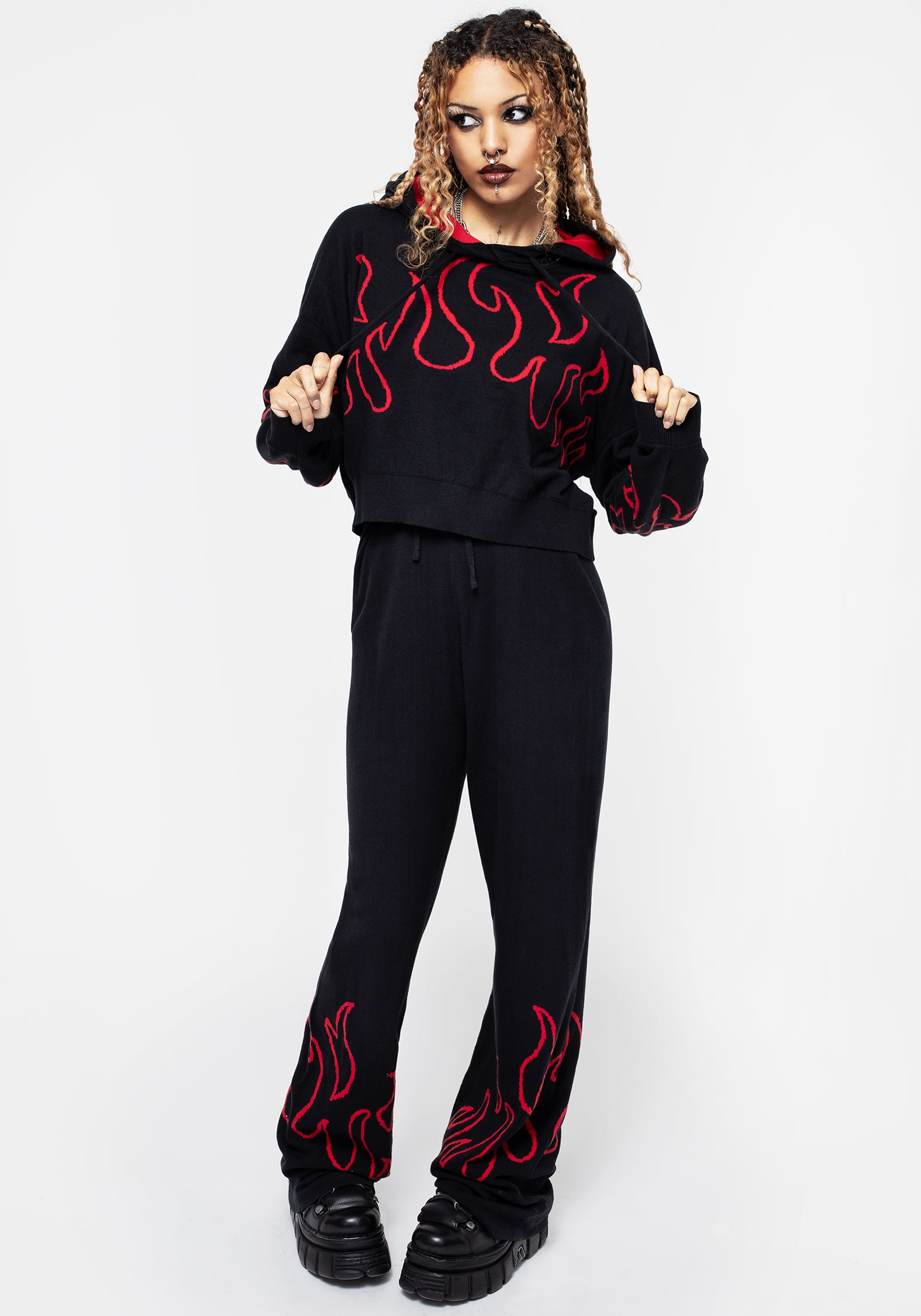 Black Crop Knit Hoody with Flame Motif & Adjustable Hood | Blaze