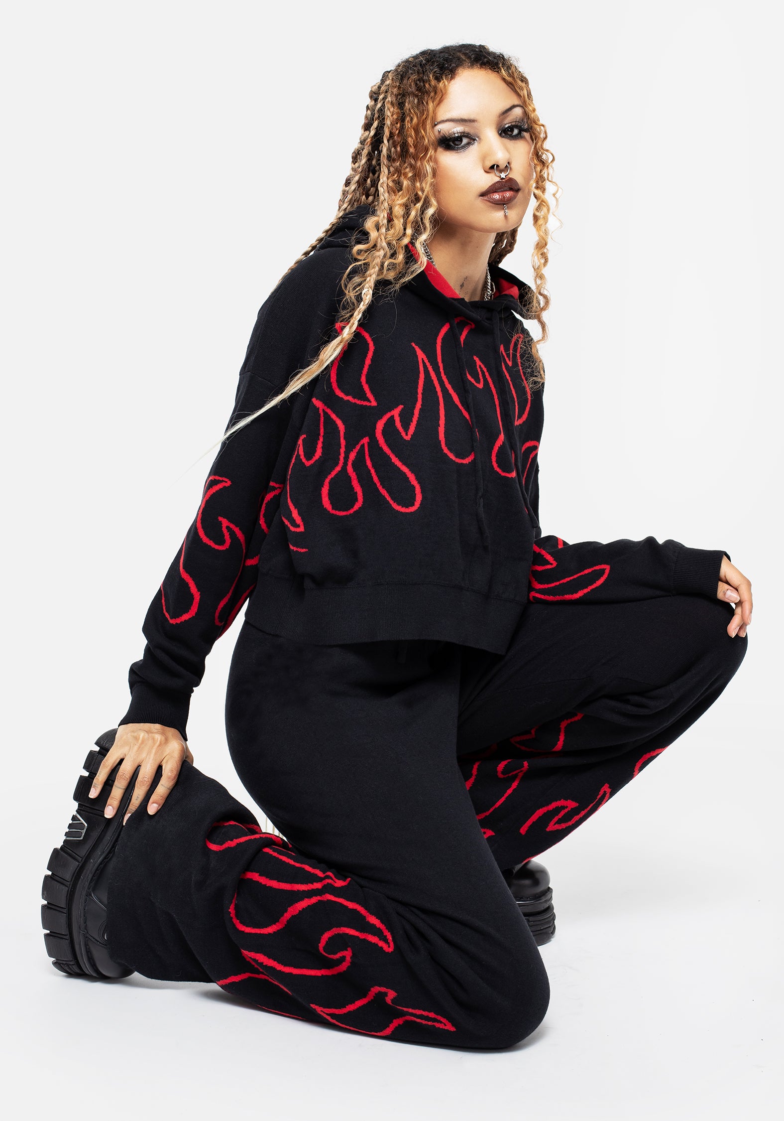 Black Crop Knit Hoody with Flame Motif & Adjustable Hood | Blaze