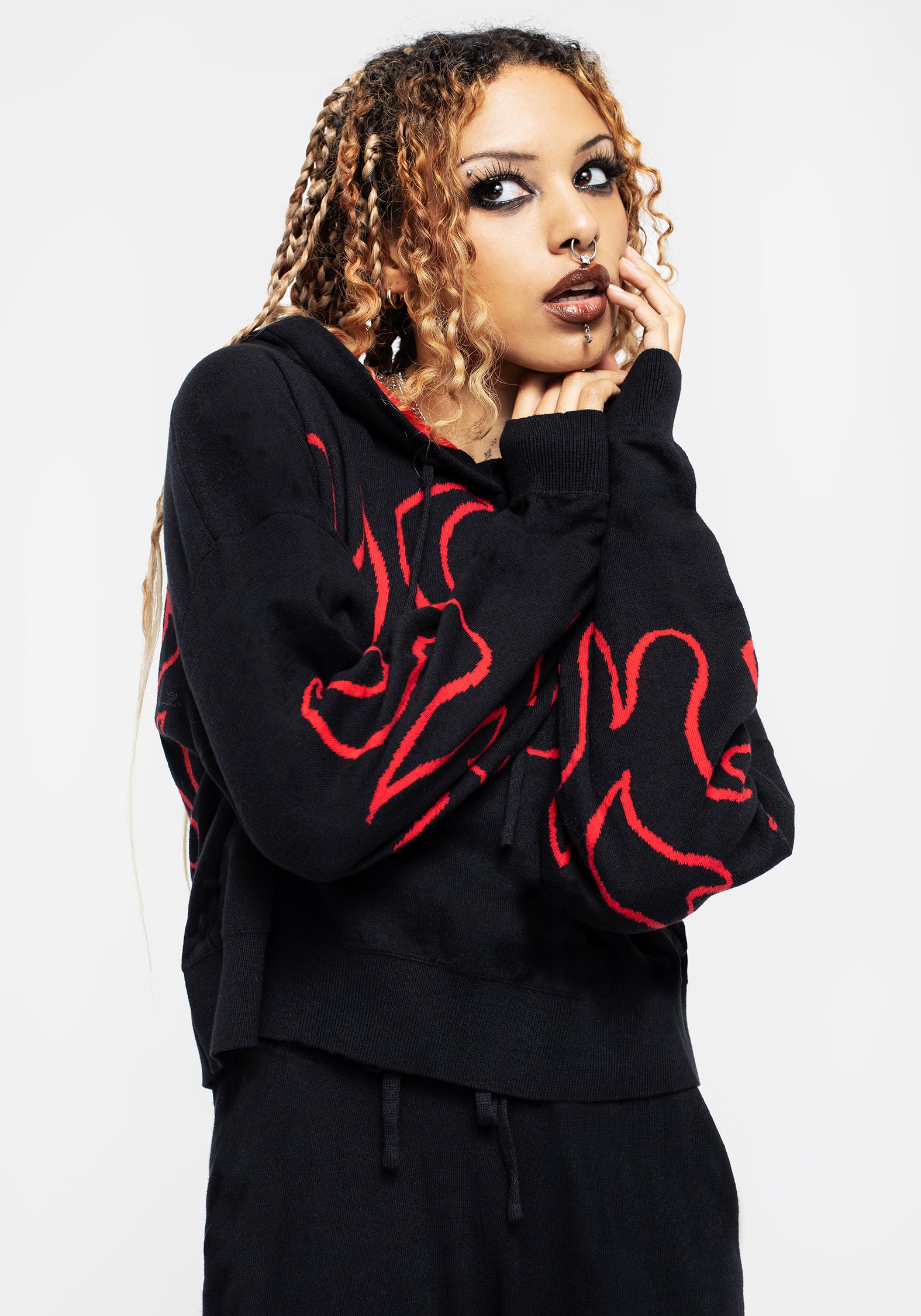 Black Crop Knit Hoody with Flame Motif & Adjustable Hood | Blaze