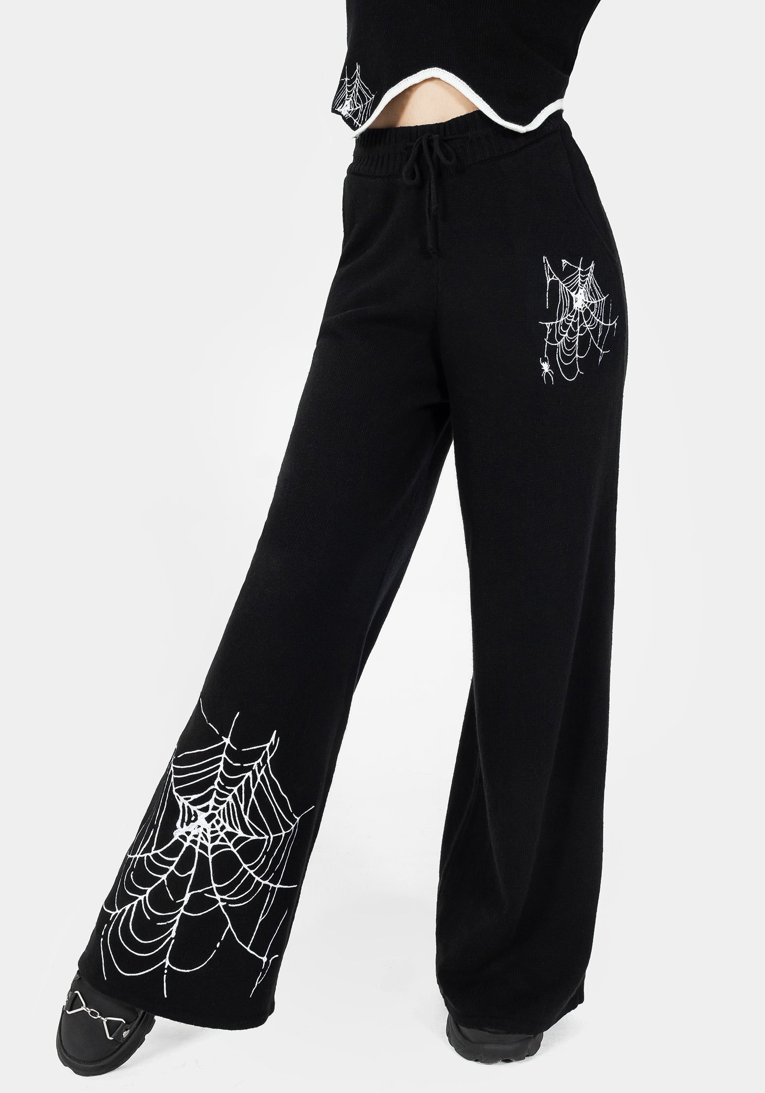 Black Knit Joggers with Spiderweb Embroidery | Araneae Sweatpants