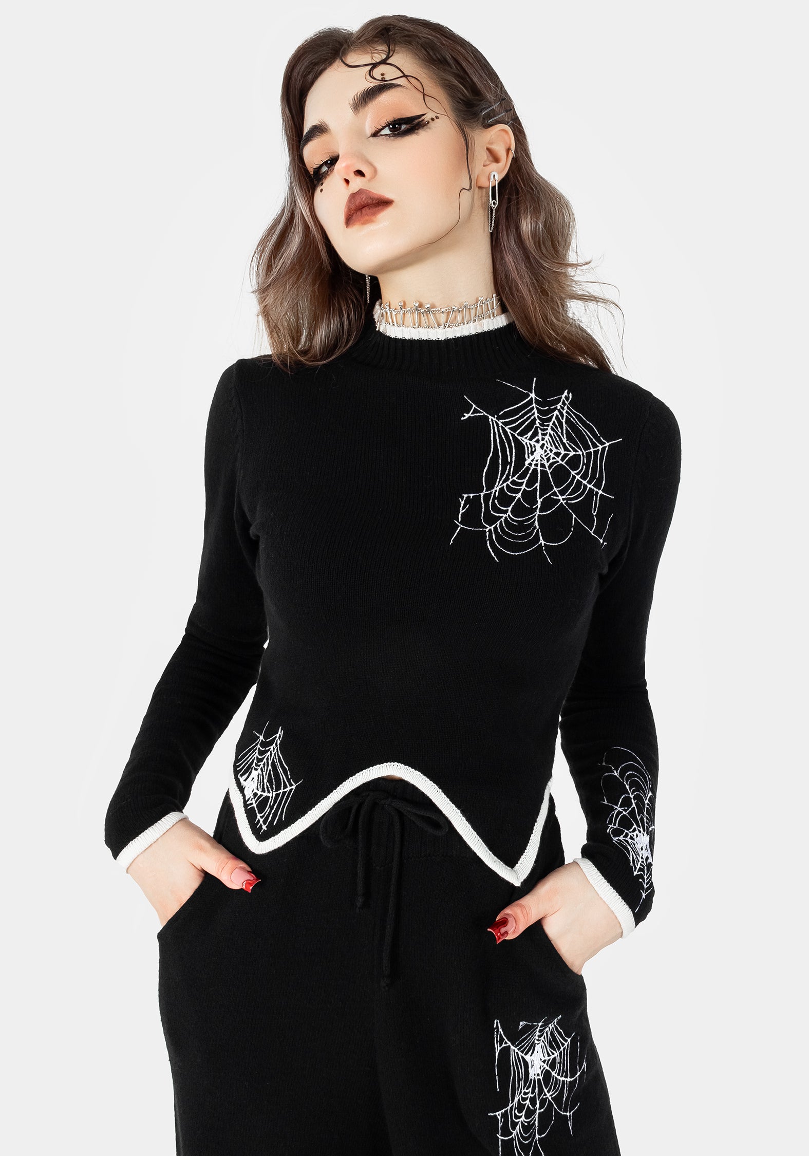 Black Cropped Knit Sweater with Spiderweb Embroidery | Araneae