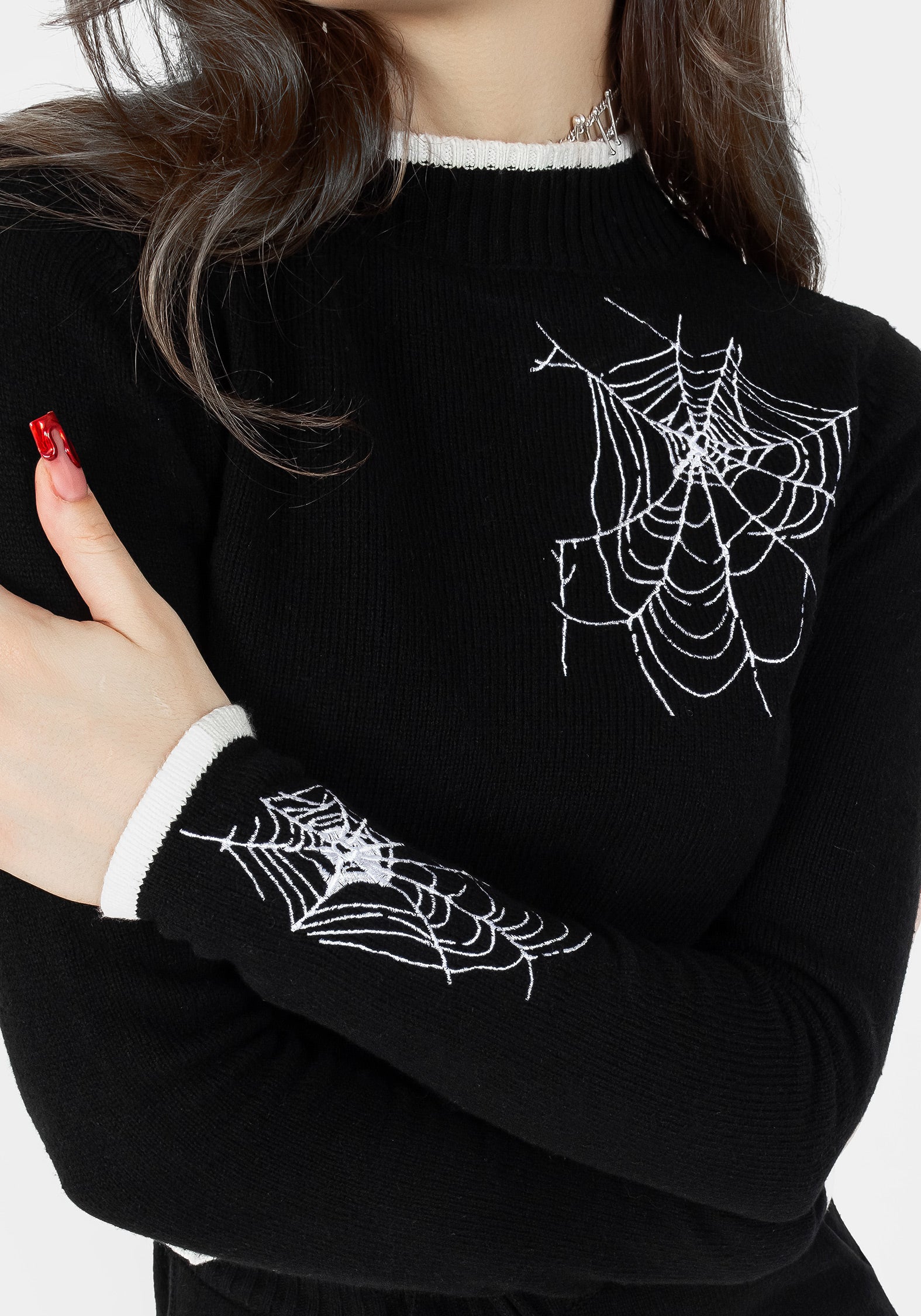 Black Cropped Knit Sweater with Spiderweb Embroidery | Araneae
