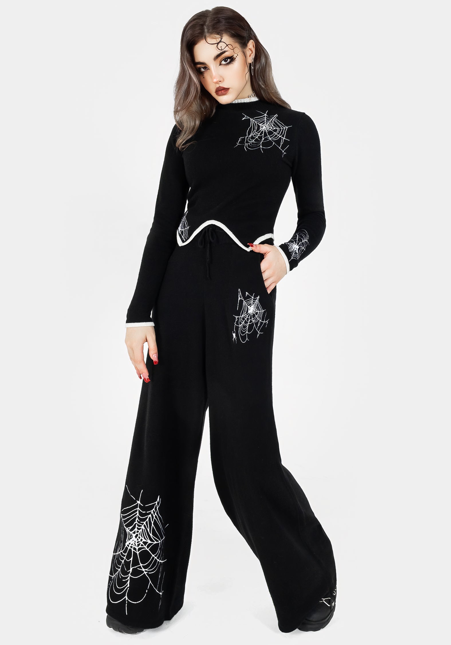 Black Cropped Knit Sweater with Spiderweb Embroidery | Araneae