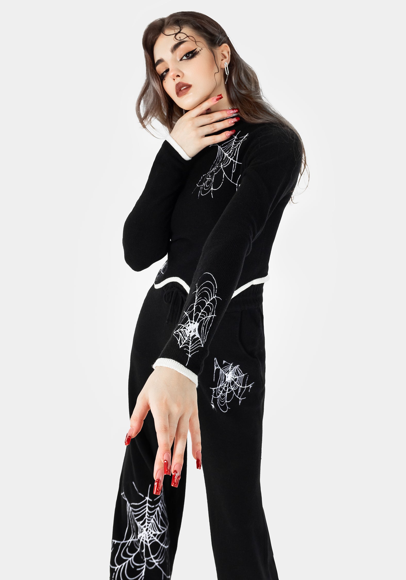 Black Cropped Knit Sweater with Spiderweb Embroidery | Araneae