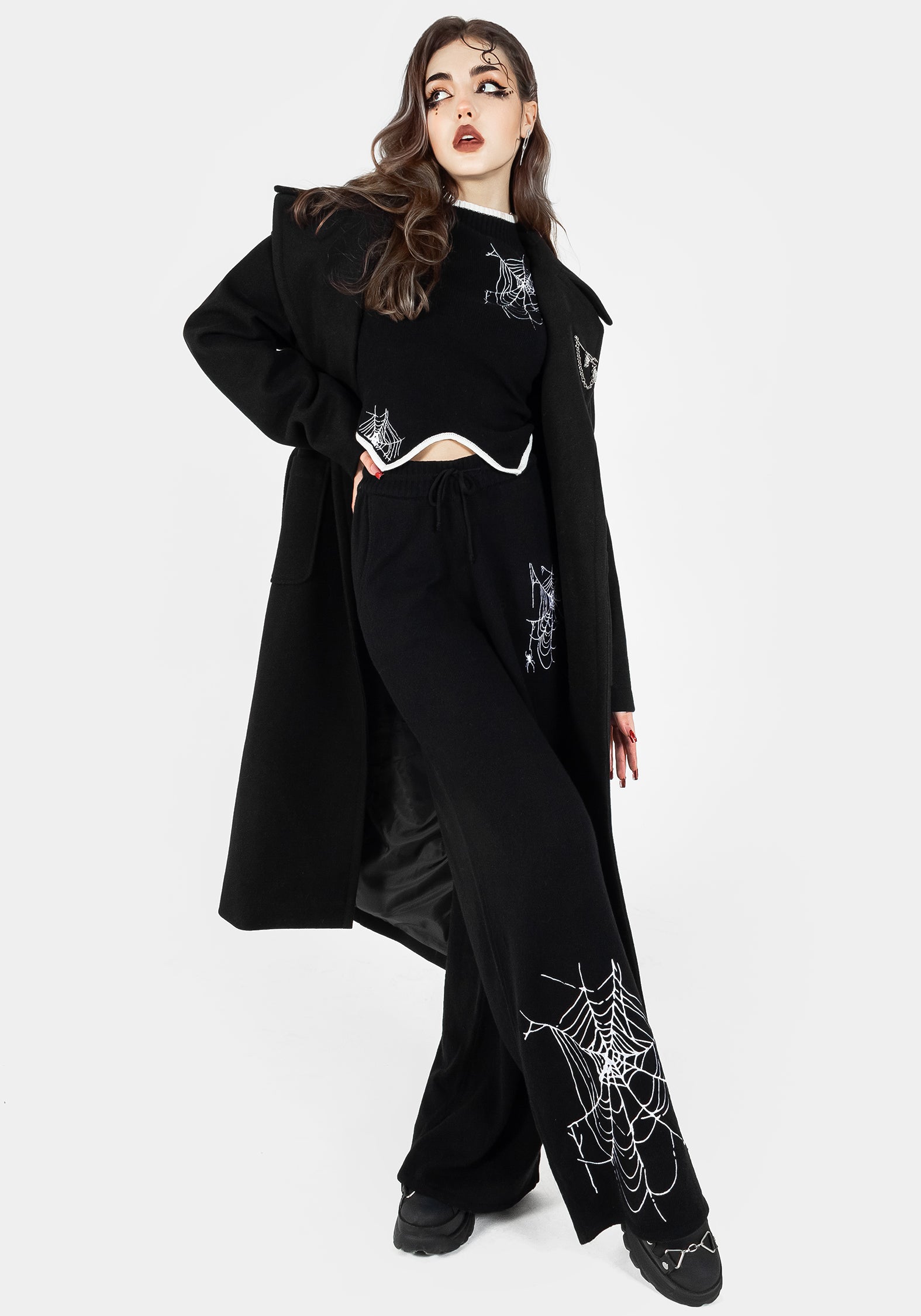 Black Cropped Knit Sweater with Spiderweb Embroidery | Araneae