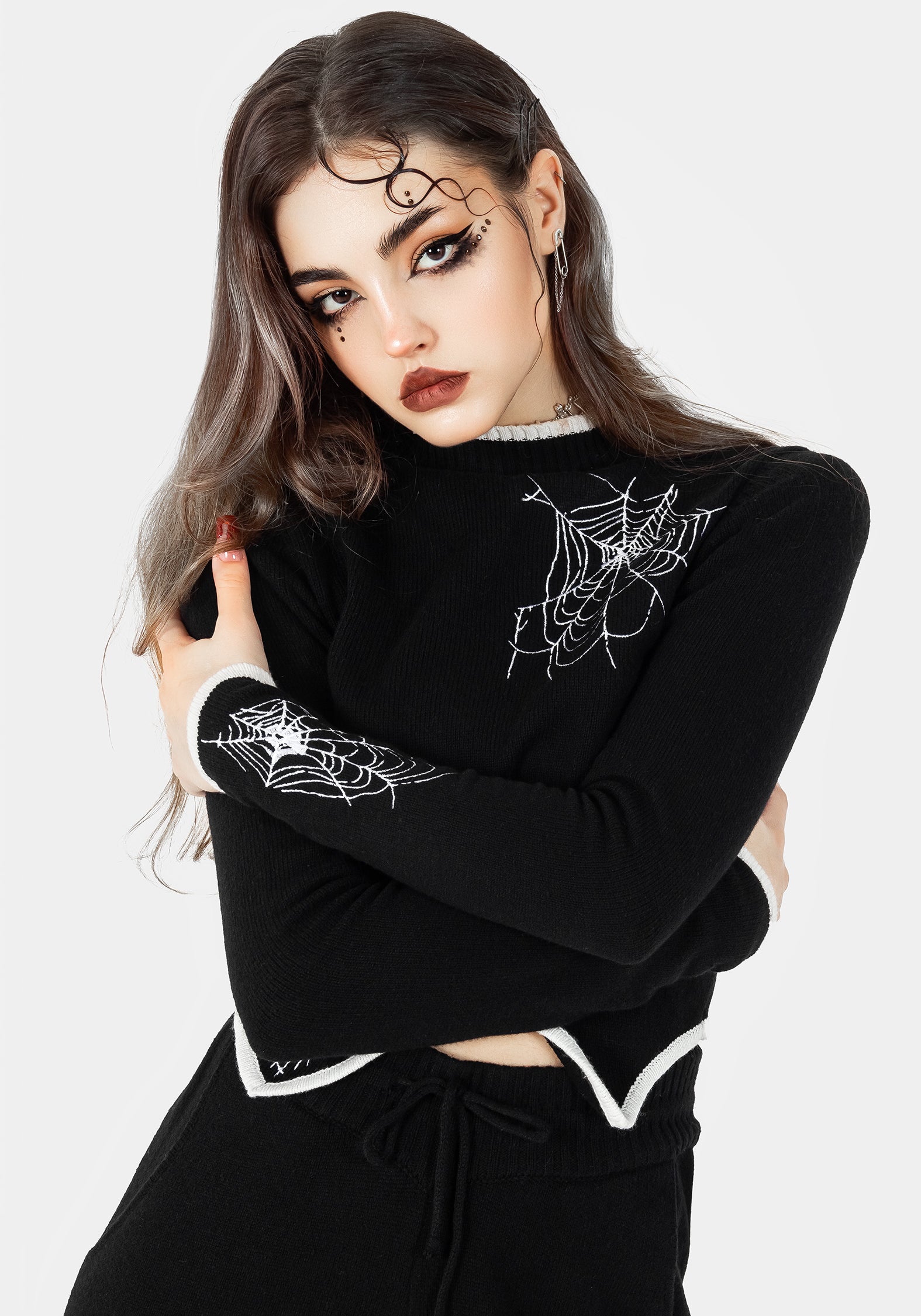 Black Cropped Knit Sweater with Spiderweb Embroidery | Araneae
