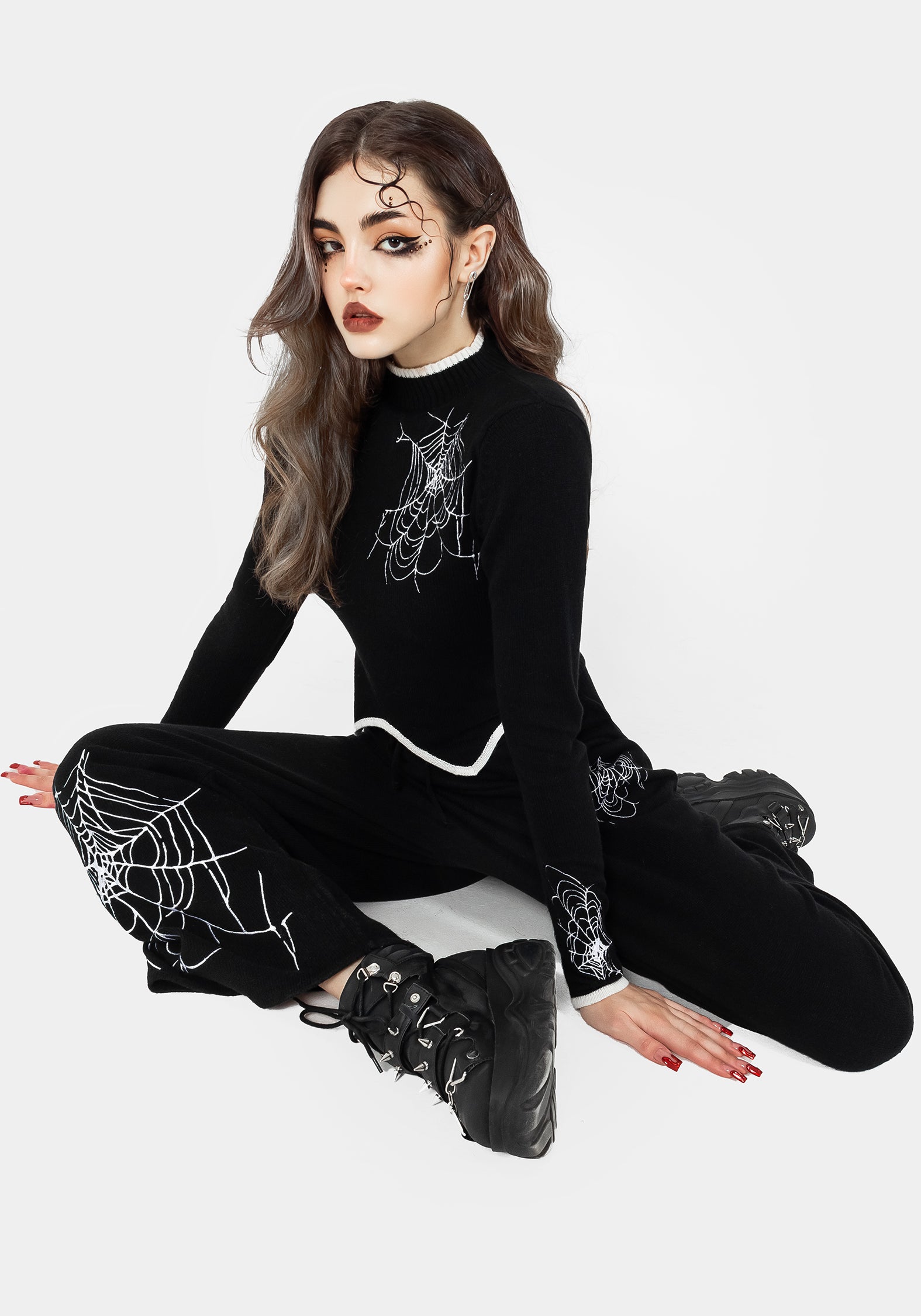 Black Cropped Knit Sweater with Spiderweb Embroidery | Araneae