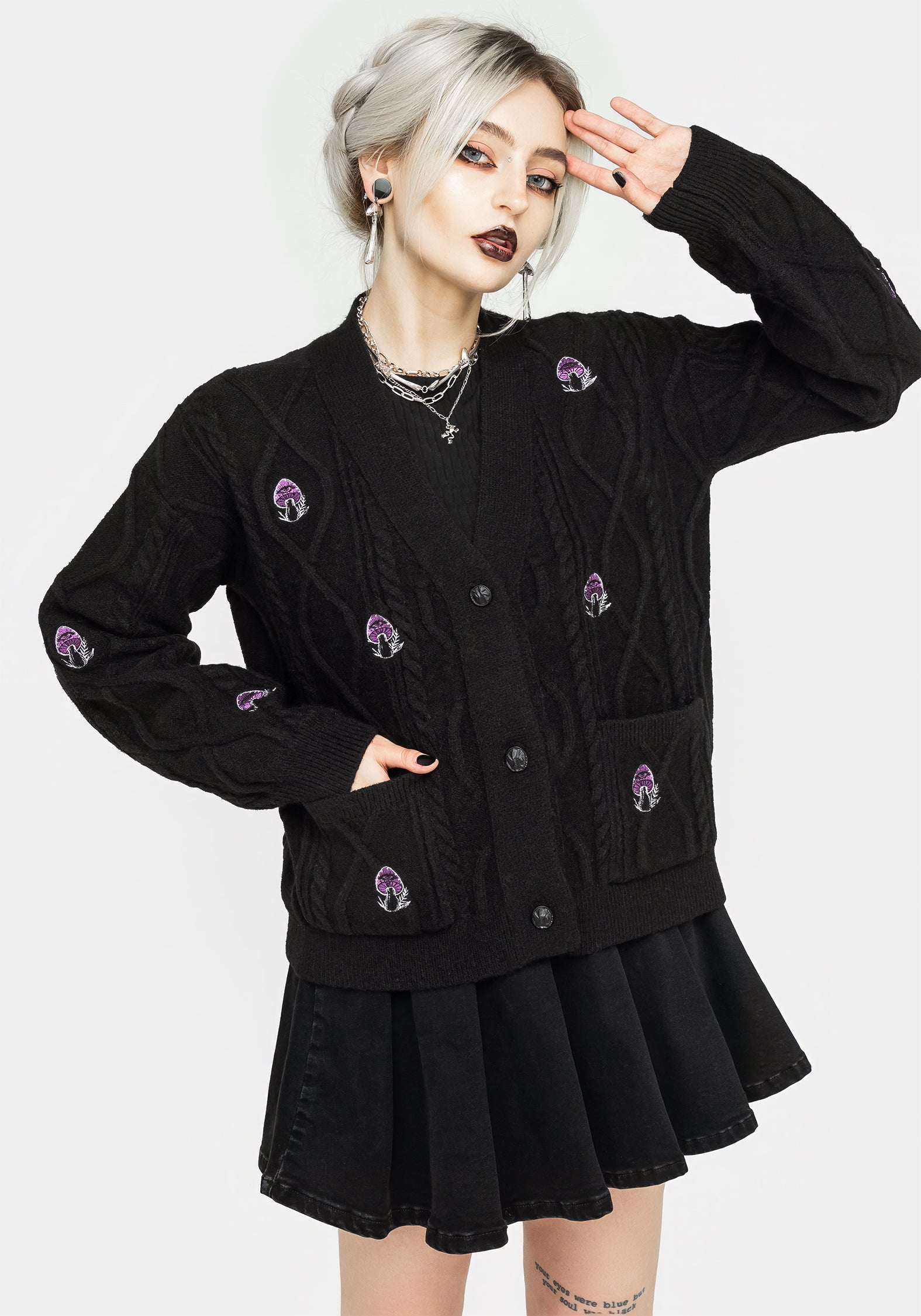Black Knit Cardigan with Mushroom Embroidery | Revelation