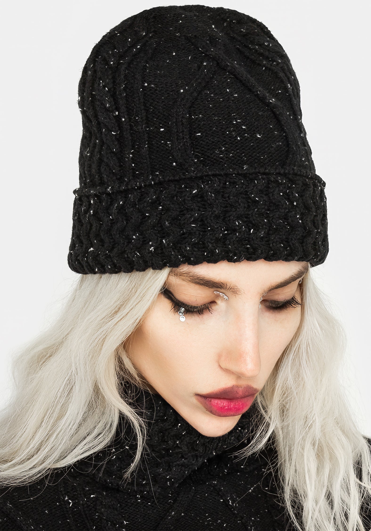 Grey Cable Knit Beanie Hat with Upturned Brim | Maurya Heritage